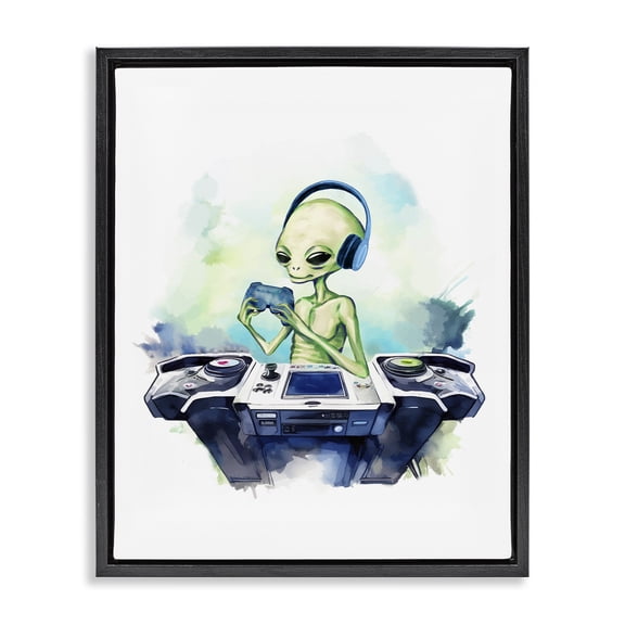 Stupell Industries Tech Alien Playing Video Games Fantasy & Sci-Fi Painting Black Floater Framed Canvas Art Print Wall Art, 17 x 21