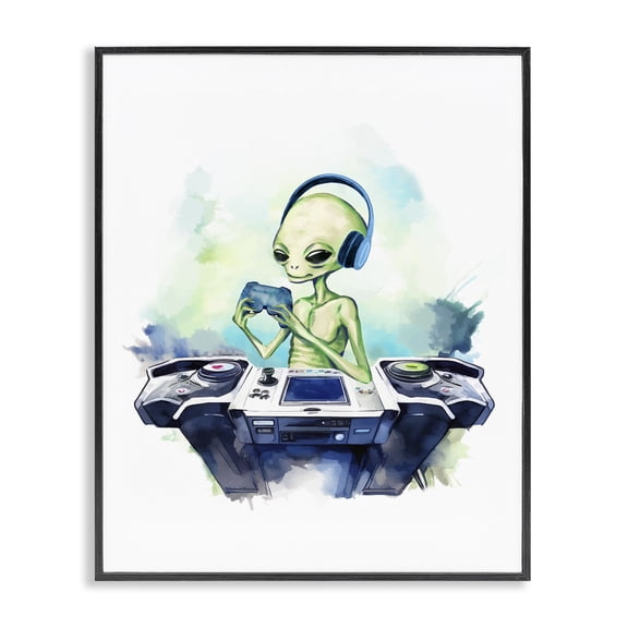 Stupell Industries Tech Alien Playing Video Games Fantasy & Sci-Fi Painting Black Framed Art Print Wall Art, 11 x 14