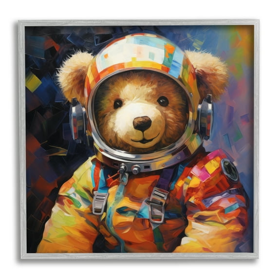 Stupell Industries Teddy Bear Astronaut Animals & Insects Painting Gray Framed Art Print Wall Art, 24 x 24