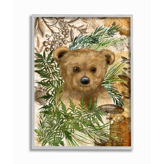Stupell Industries Teddy Bear Cub Nursery Forest Animal Illustration Framed Wall Art Design by Sherri Buck Baldwin, 11" x 14", Gray Framed