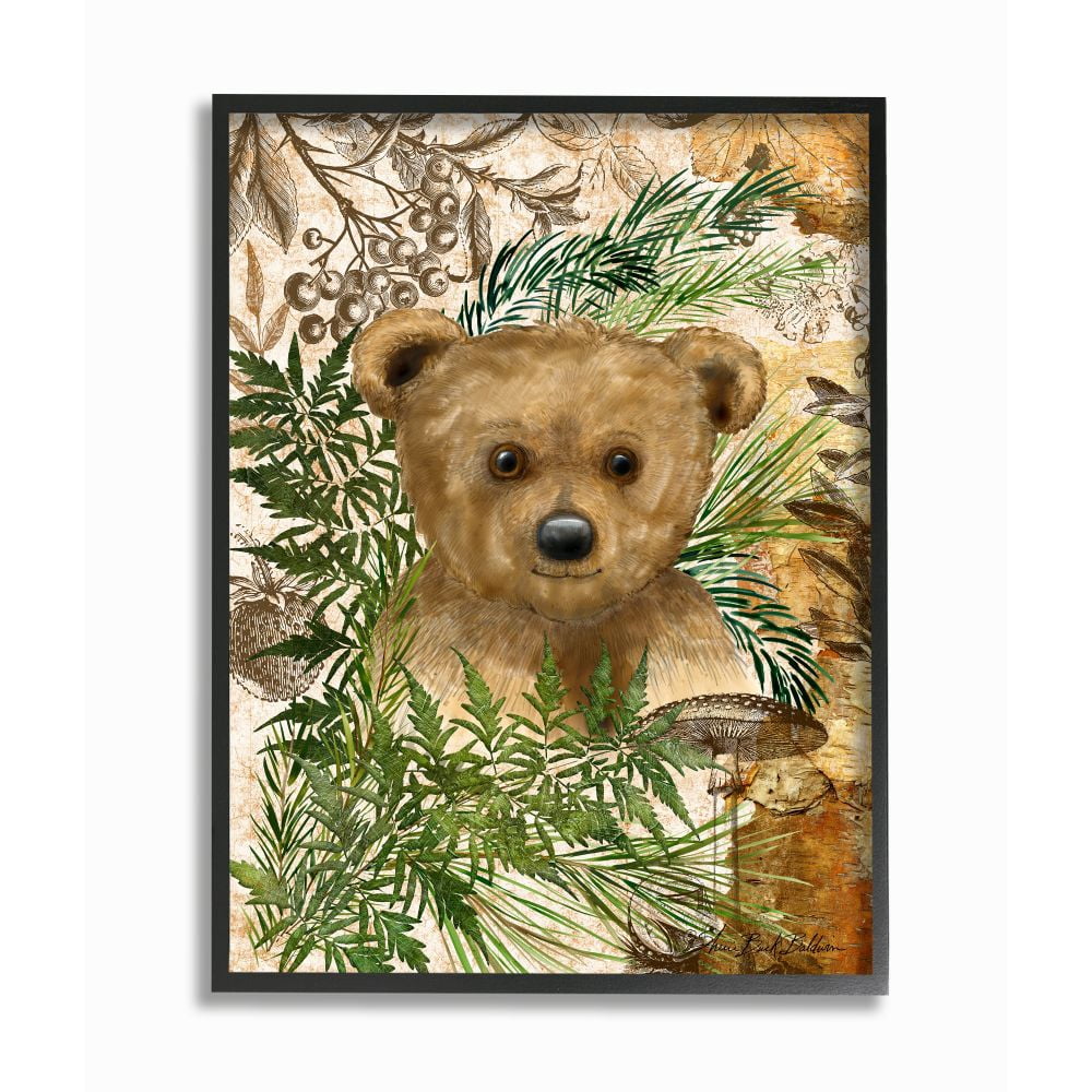 Stupell Industries Teddy Bear Cub Nursery Forest Animal Illustration Framed Wall Art Design by Sherri Buck Baldwin, 24" x 30", Black Framed