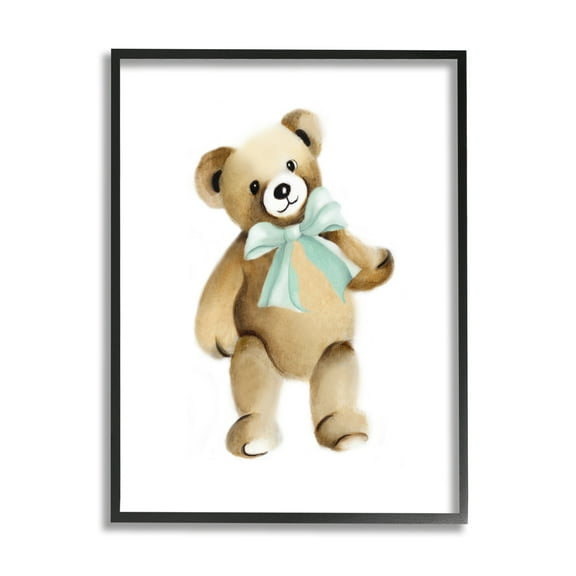 Stupell Industries Teddy Bear Green Bow Kids Nursery Animal Graphic Art Black Framed Art Print Wall Art, Design by Studio Q