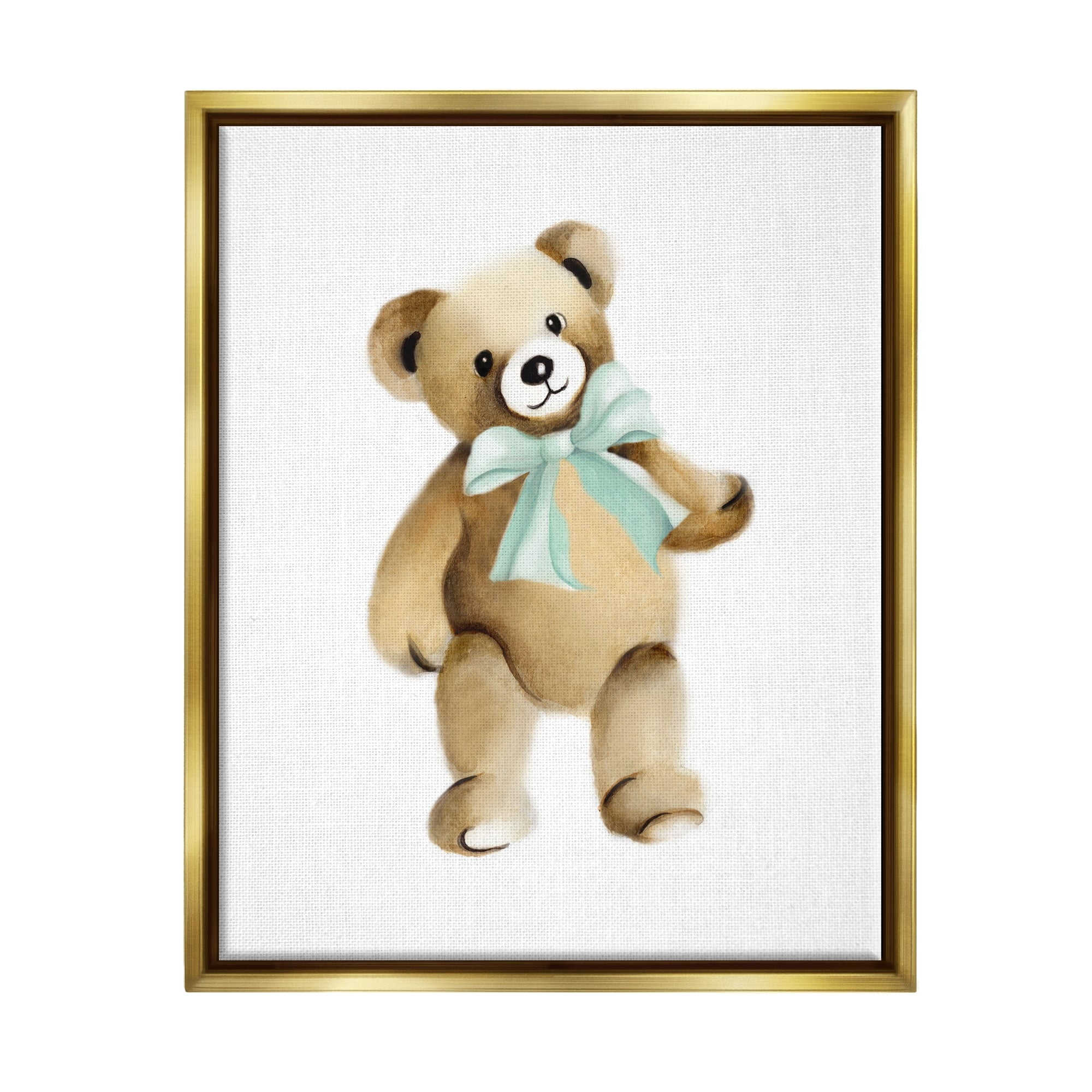 Stupell Industries Teddy Bear Green Bow Kids Nursery Animal Graphic Art Metallic Gold Floating Framed Canvas Print Wall Art, Design by Studio Q