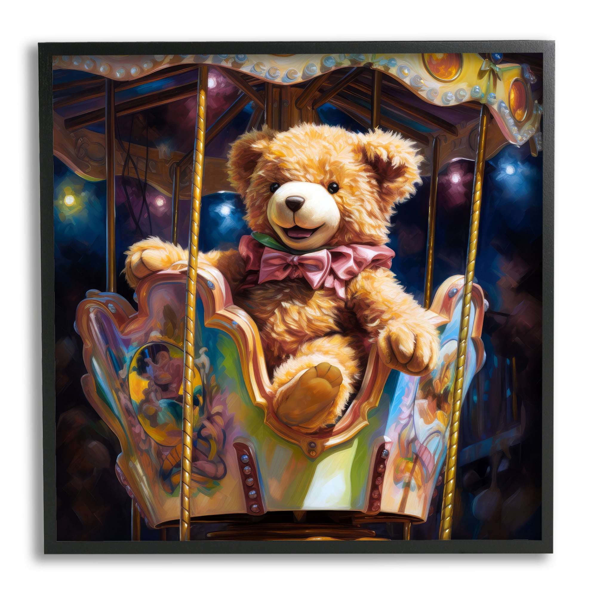 Stupell Industries Teddy Bear on Carousel Animals & Insects Painting Black Framed Art Print Wall Art, 12 x 12