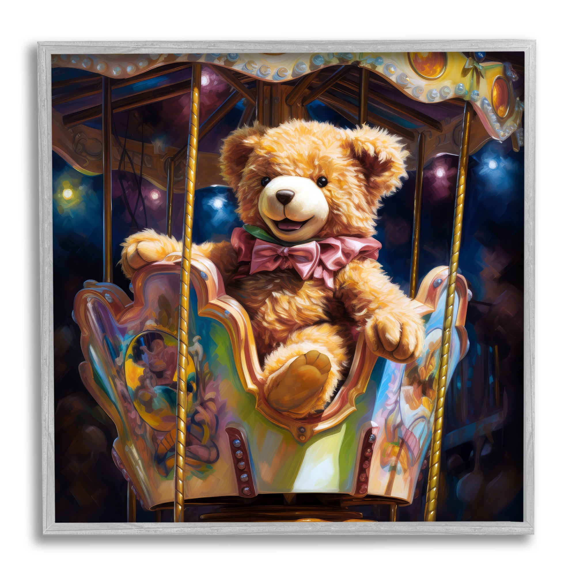 Stupell Industries Teddy Bear on Carousel Animals & Insects Painting Gray Framed Art Print Wall Art, 12 x 12