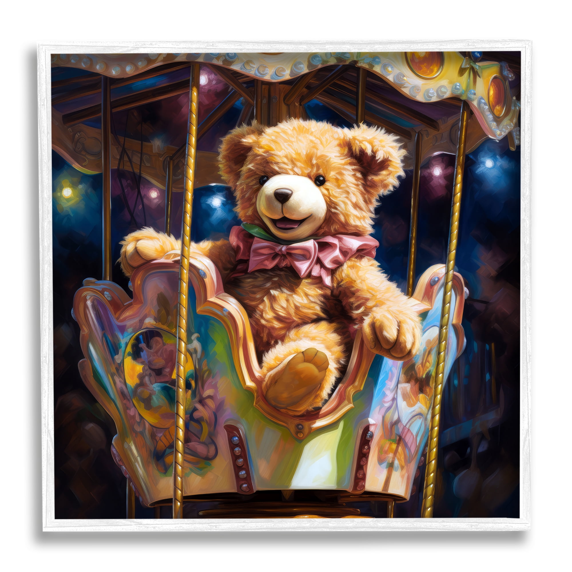 Stupell Industries Teddy Bear on Carousel Animals & Insects Painting White Framed Art Print Wall Art, 12 x 12