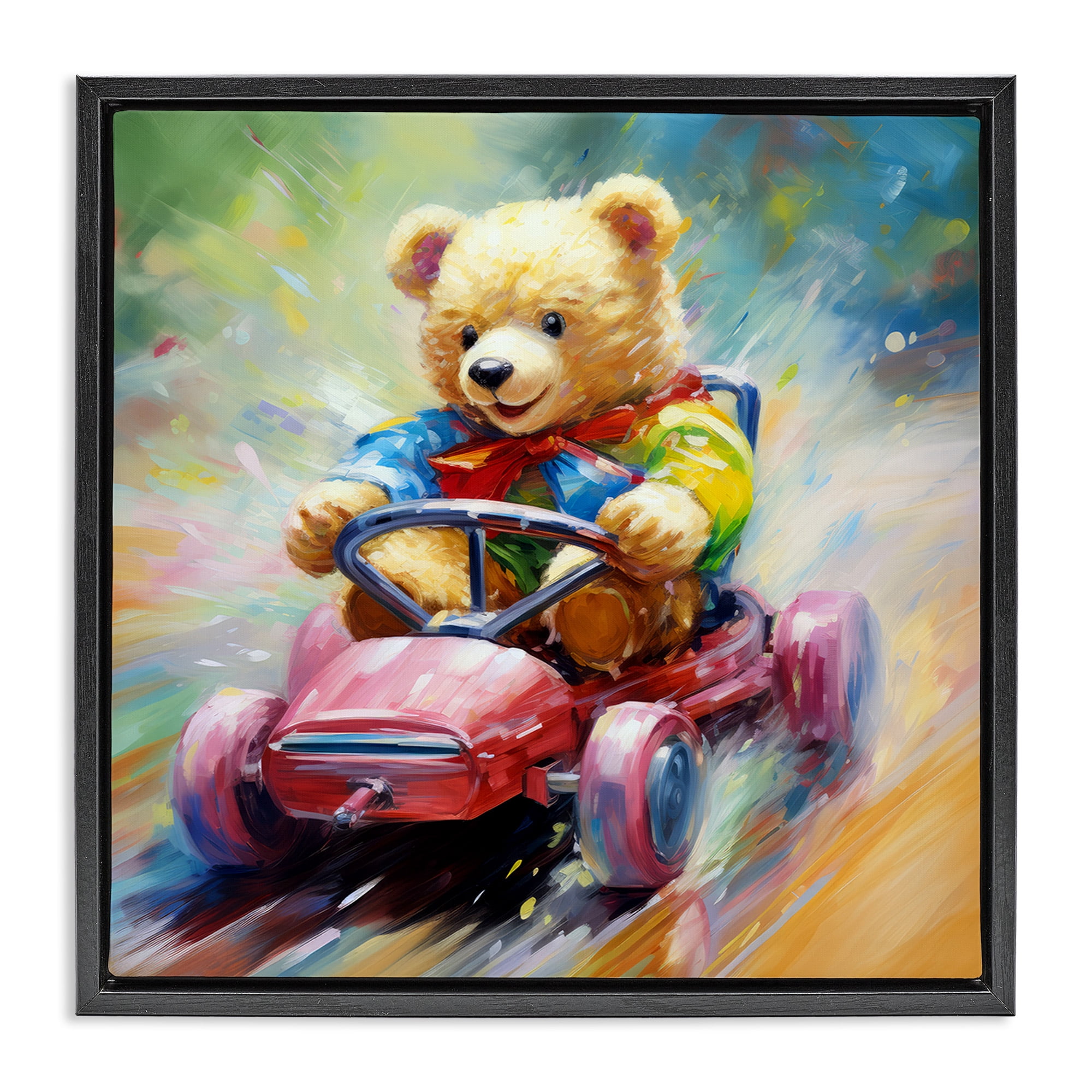Stupell Industries Teddy Bear on Go Kart Animals & Insects Painting Black Floater Framed Canvas Art Print Wall Art, 18 x 18
