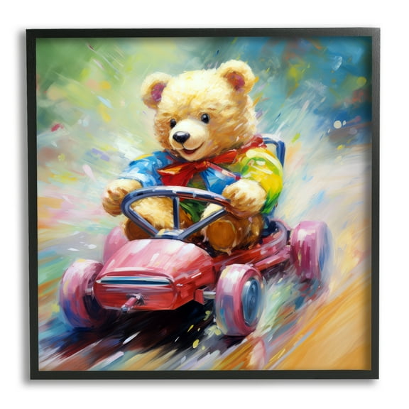 Stupell Industries Teddy Bear on Go Kart Animals & Insects Painting Black Framed Art Print Wall Art, 12 x 12