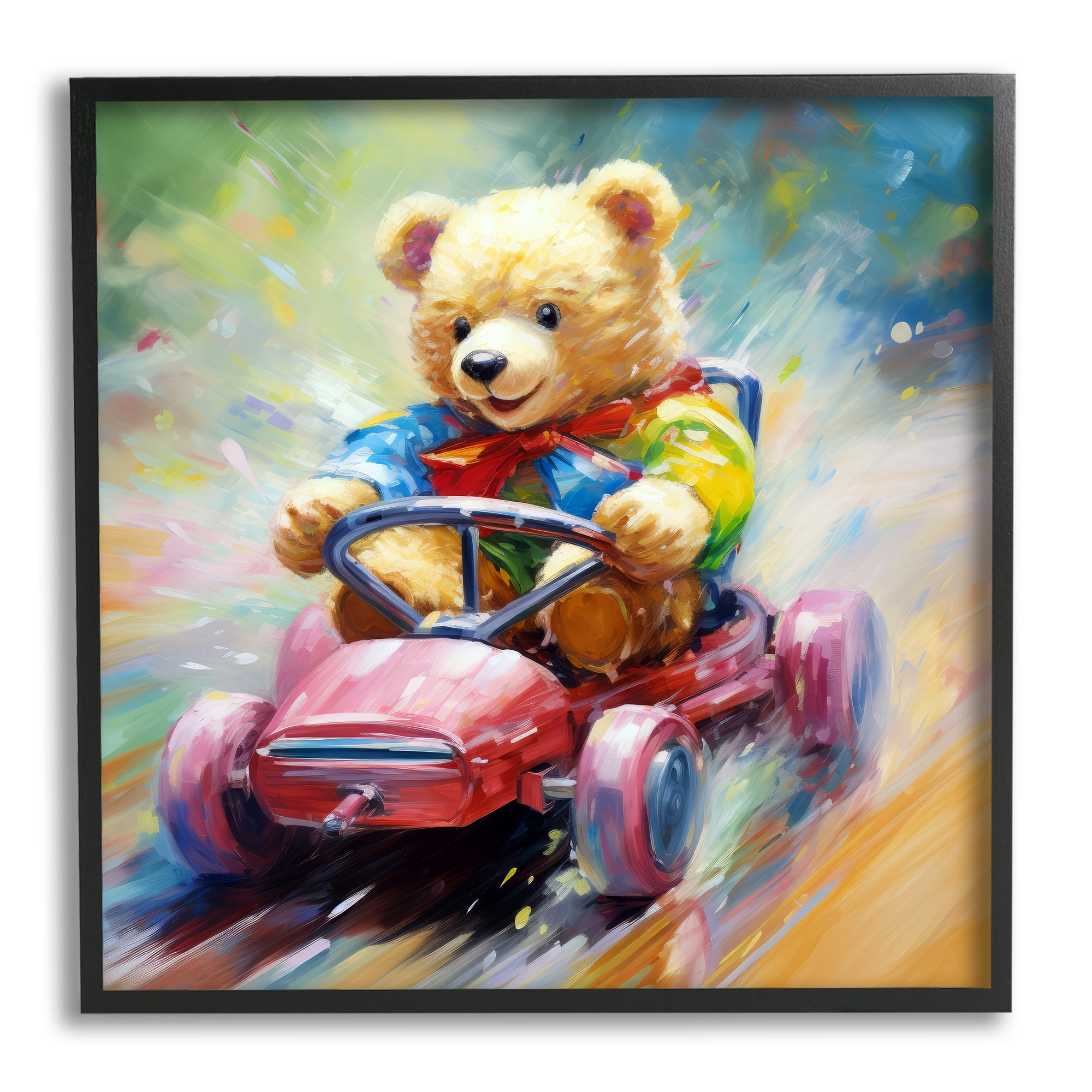 Stupell Industries Teddy Bear on Go Kart Animals & Insects Painting Black Framed Art Print Wall Art, 17 x 17