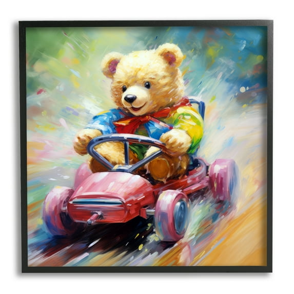 Stupell Industries Teddy Bear on Go Kart Animals & Insects Painting Black Framed Art Print Wall Art, 17 x 17