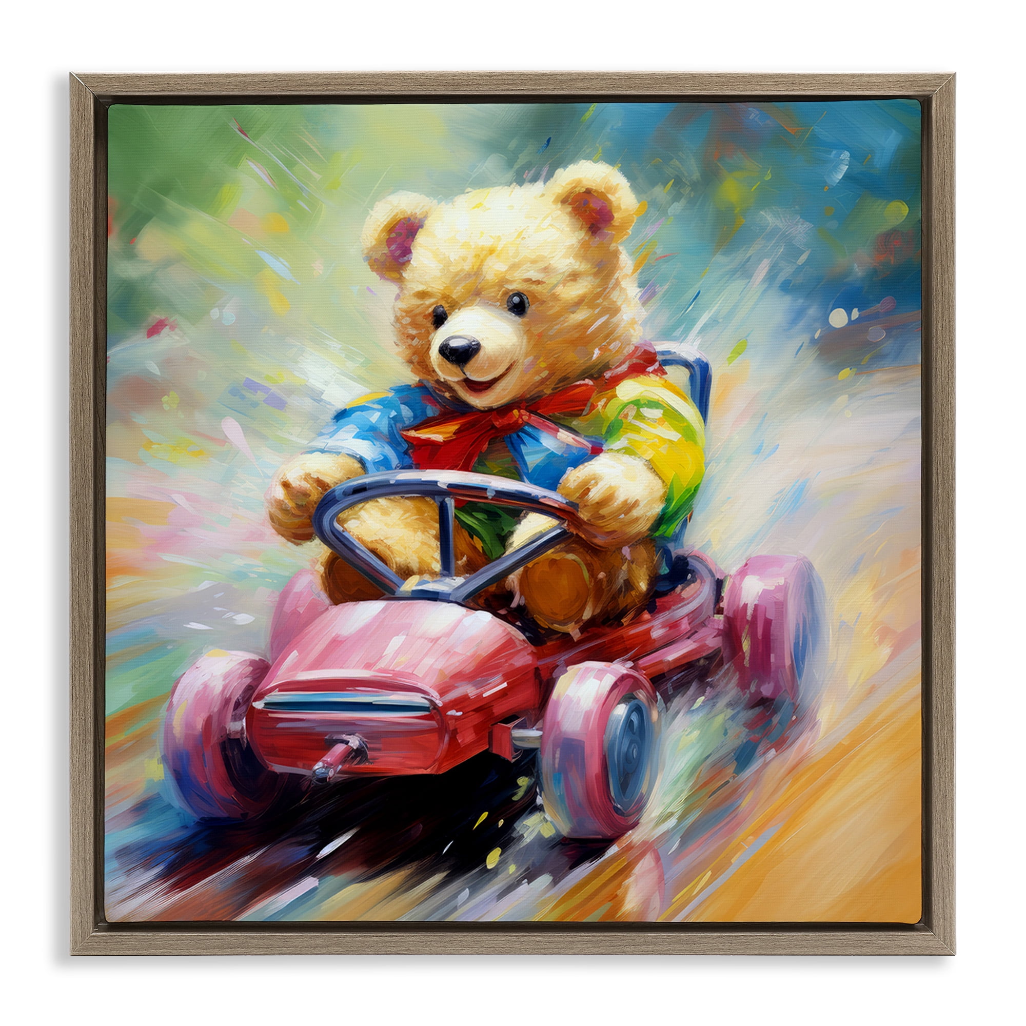 Stupell Industries Teddy Bear on Go Kart Animals & Insects Painting Brown Floater Framed Canvas Art Print Wall Art, 18 x 18