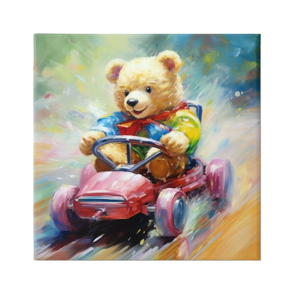 Stupell Industries Teddy Bear on Go Kart Animals & Insects Painting Gallery Wrapped Canvas Art Print Wall Art, 17 x 17