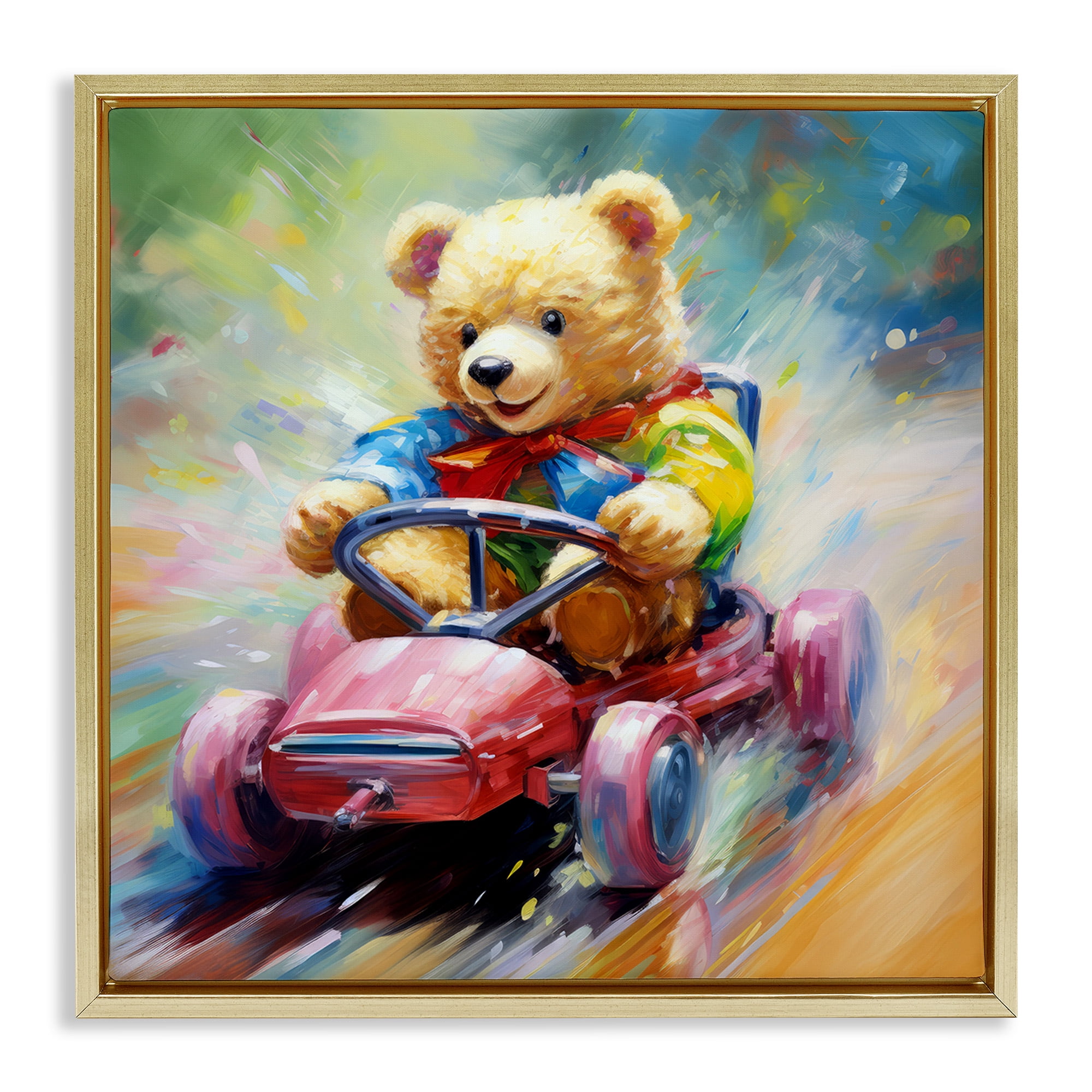 Stupell Industries Teddy Bear on Go Kart Animals & Insects Painting Gold Floater Framed Canvas Art Print Wall Art, 25 x 25