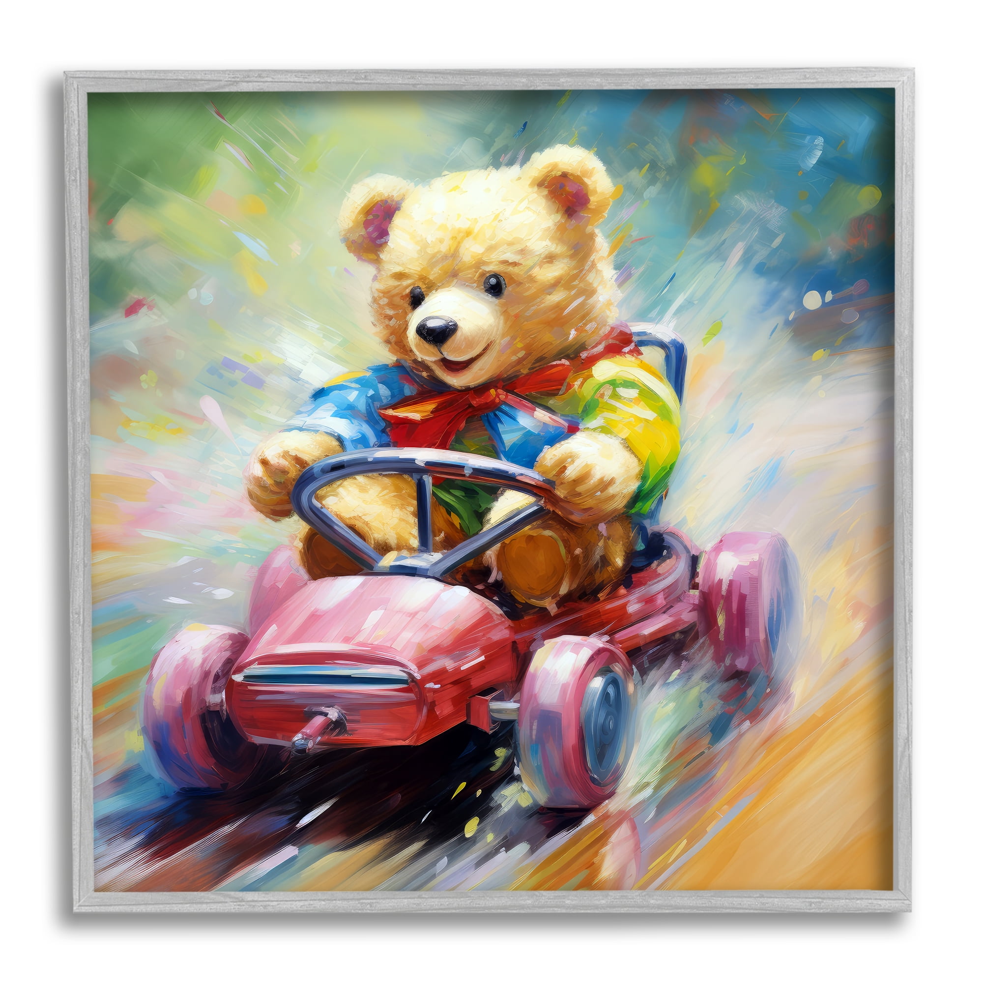 Stupell Industries Teddy Bear on Go Kart Animals & Insects Painting Gray Framed Art Print Wall Art, 24 x 24