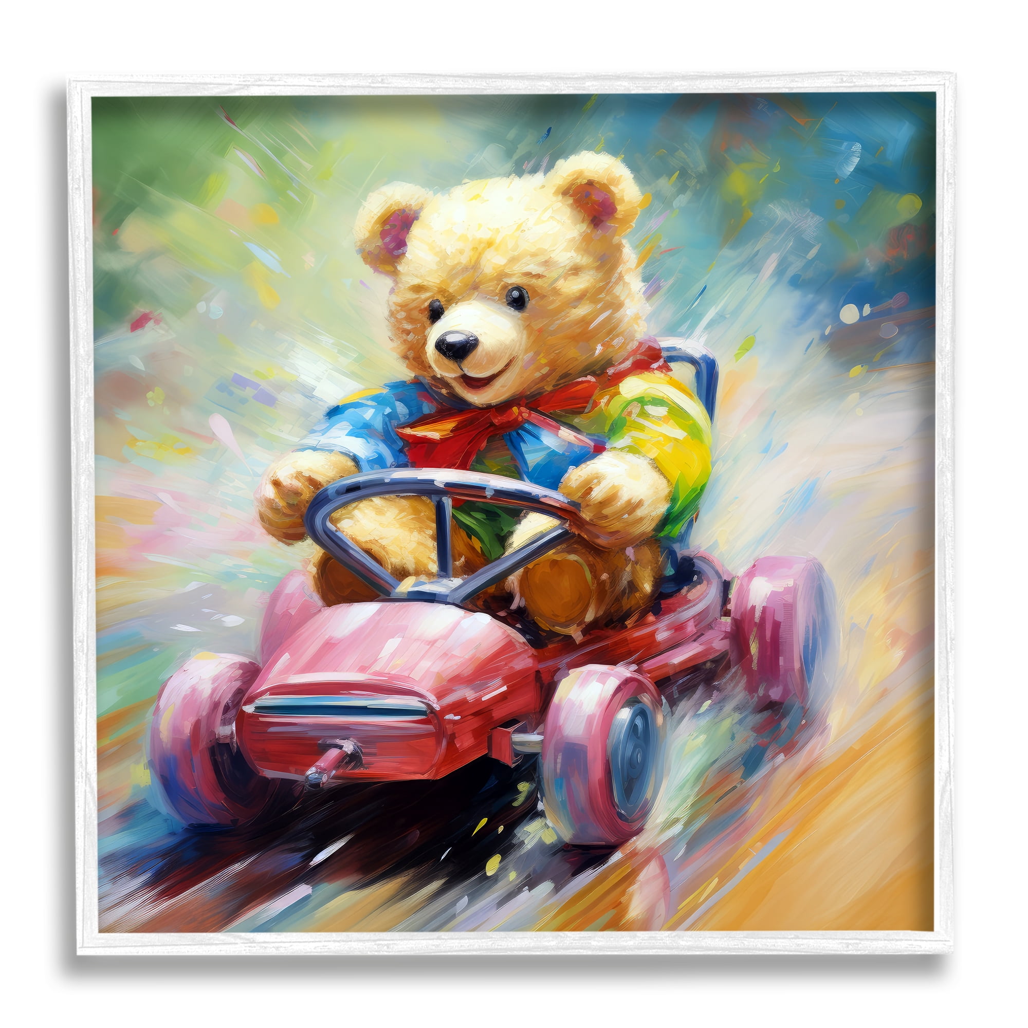 Stupell Industries Teddy Bear on Go Kart Animals & Insects Painting White Framed Art Print Wall Art, 12 x 12