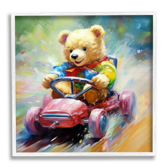Stupell Industries Teddy Bear on Go Kart Animals & Insects Painting White Framed Art Print Wall Art, 24 x 24