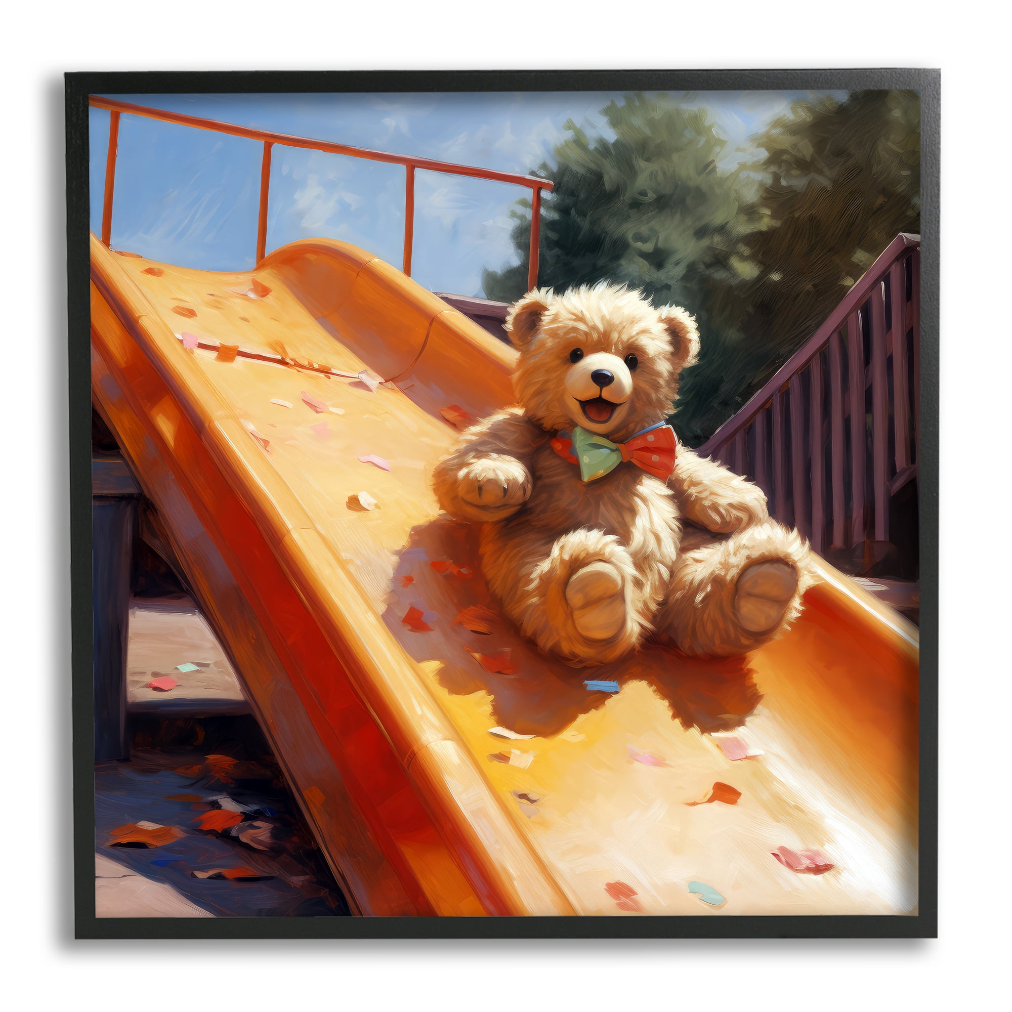 Stupell Industries Teddy Bear on Slide Animals & Insects Painting Black Framed Art Print Wall Art, 24 x 24