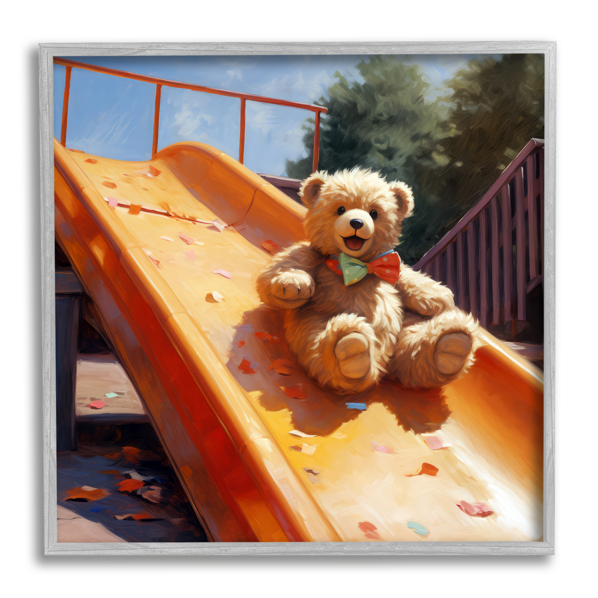 Stupell Industries Teddy Bear on Slide Animals & Insects Painting Gray Framed Art Print Wall Art, 12 x 12