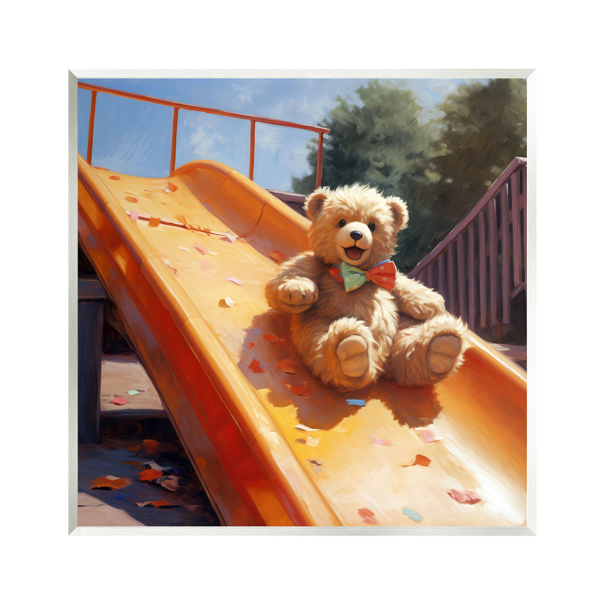 Stupell Industries Teddy Bear on Slide Animals & Insects Painting Unframed Art Print Wall Art, 12 x 12