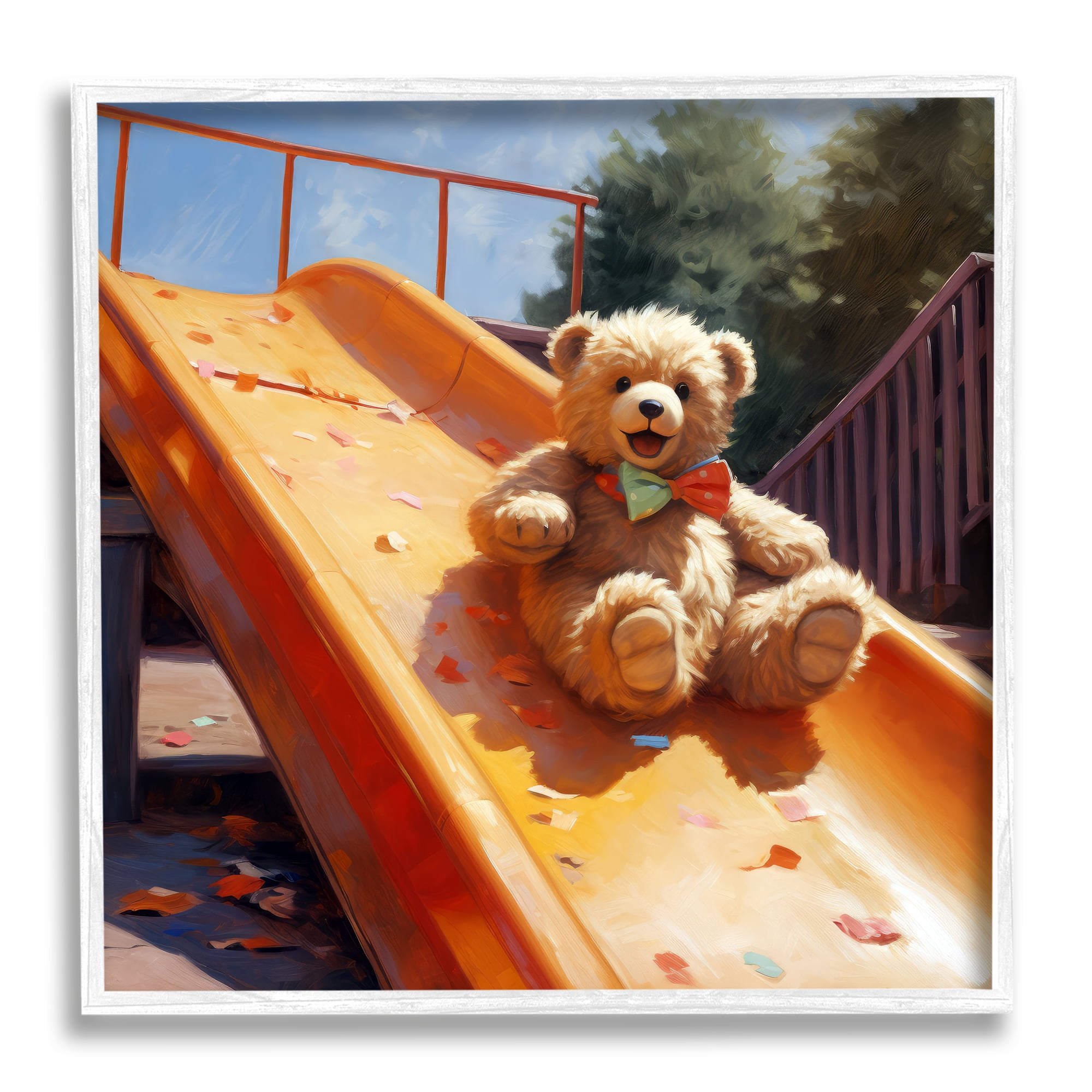 Stupell Industries Teddy Bear on Slide Animals & Insects Painting White Framed Art Print Wall Art, 17 x 17