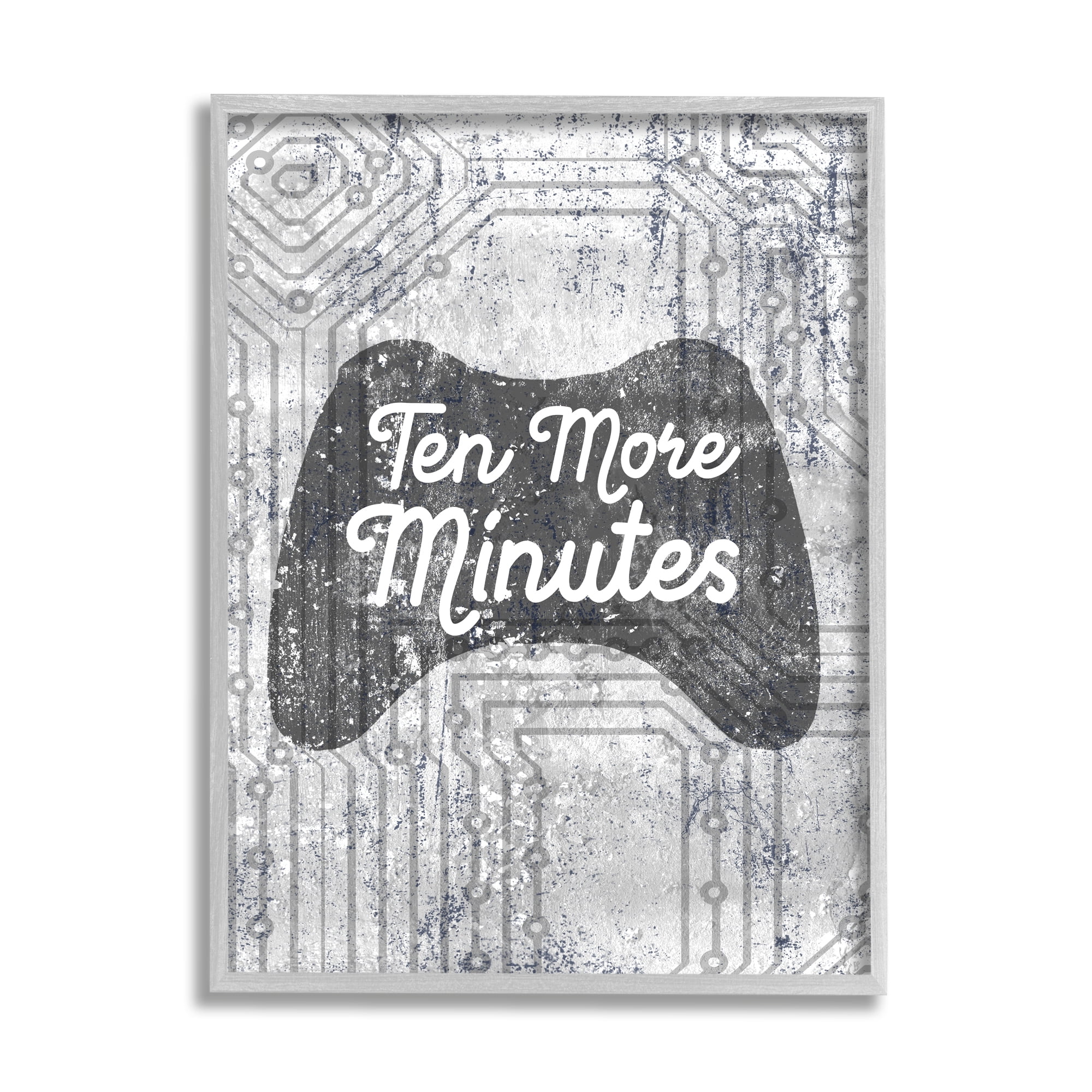 Stupell Industries Ten More Minutes Video Game Controller Gaming Grey White Words Graphic Art Gray Framed Art Print Wall Art, 24x30, by Daphne Polselli