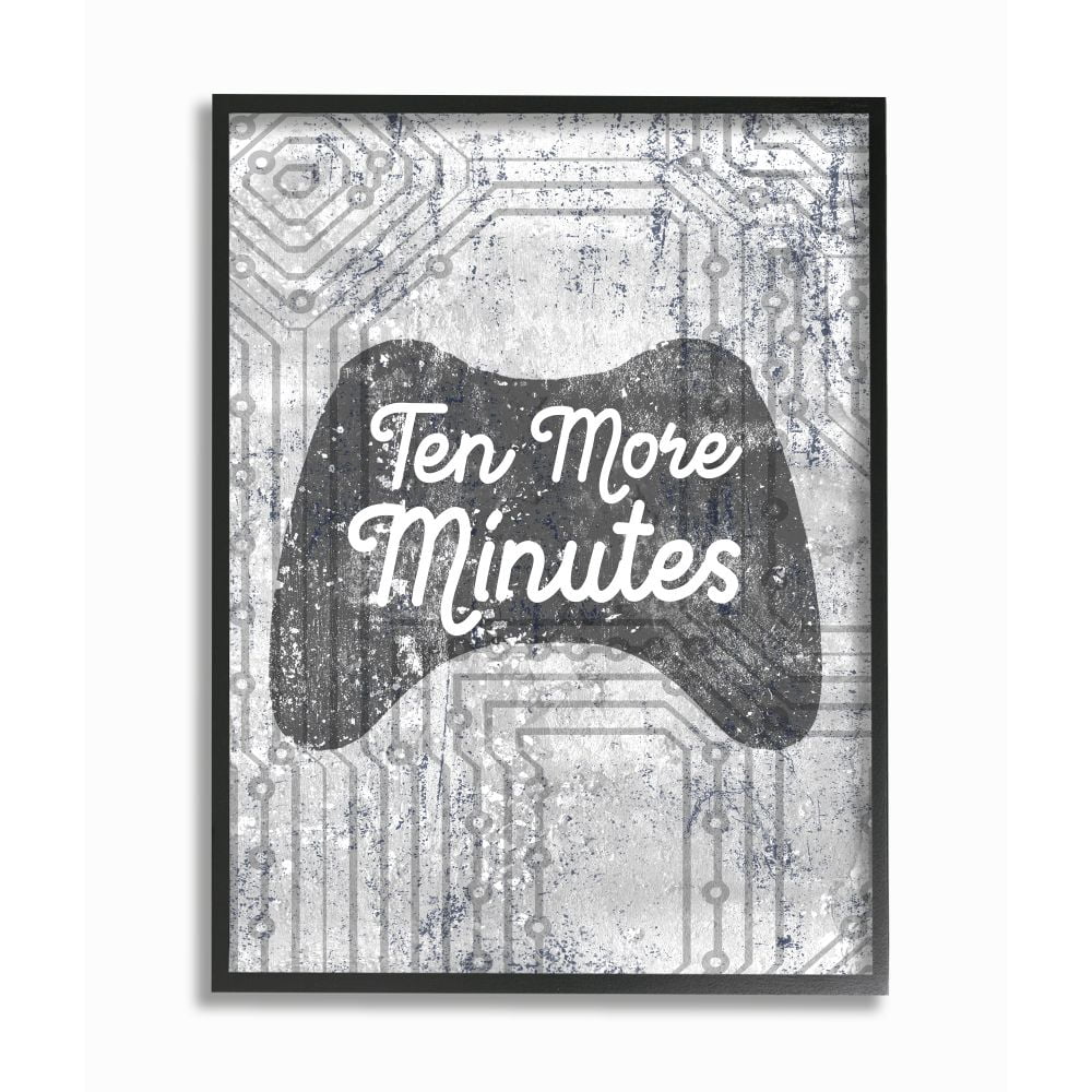 Stupell Industries Ten More Minutes Video Game Controller Gaming Grey White Words Framed Wall Art Design by Daphne Polselli, 11" x 14", Black Framed