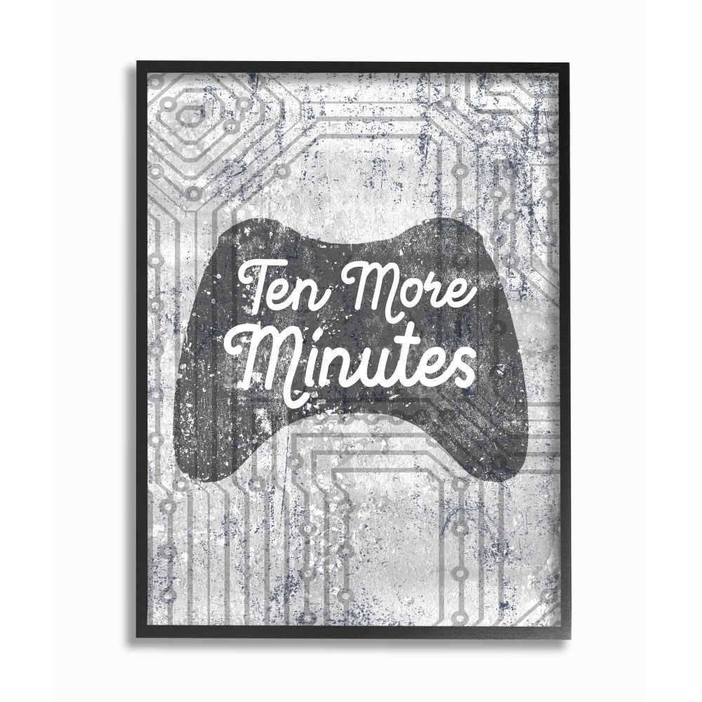 Stupell Industries Ten More Minutes Video Game Controller Gaming Grey White Words Framed Wall Art Design by Daphne Polselli, 16" x 20", Gray Framed
