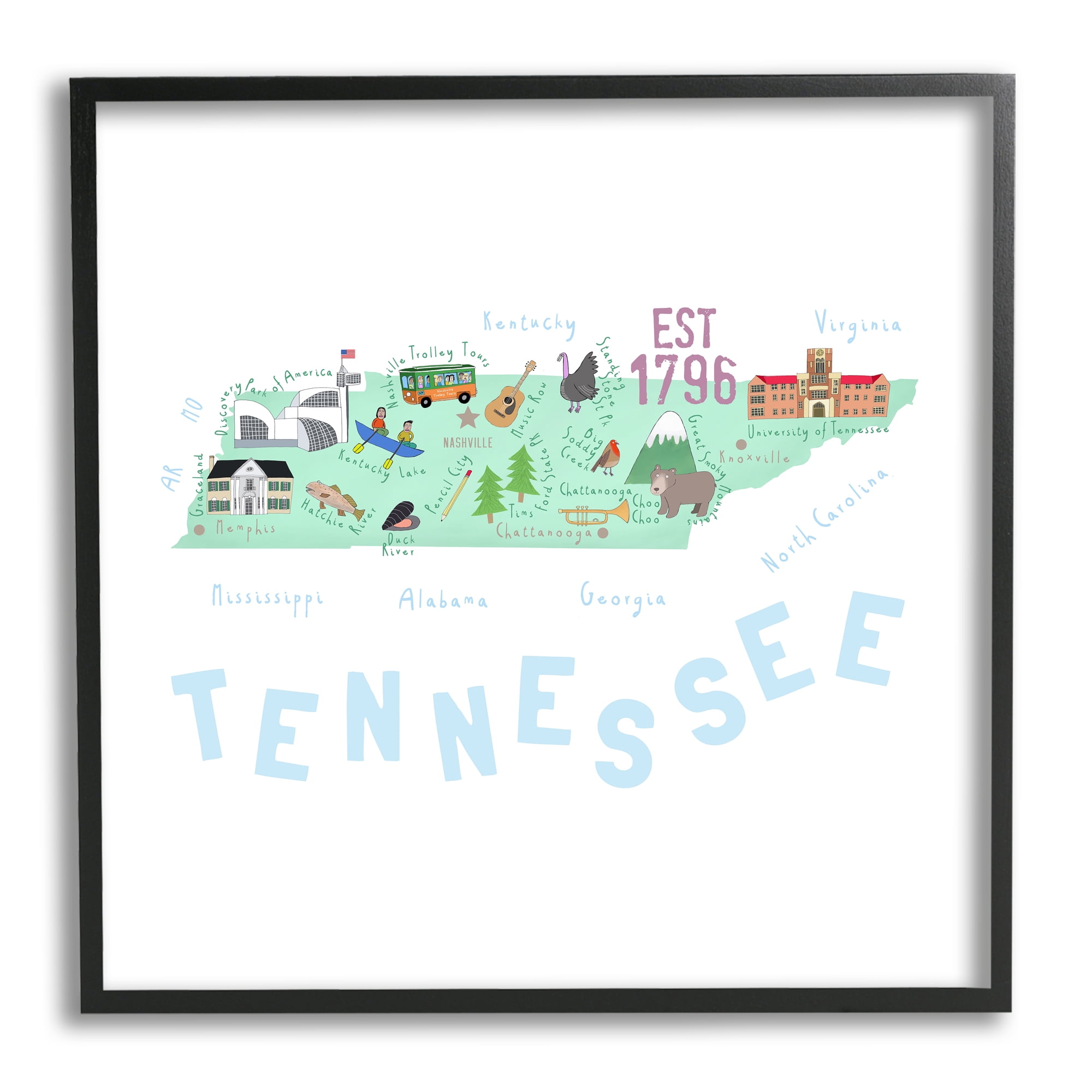 Stupell Industries Tennessee Visual State Map Travel & Places Painting Black Framed Art Print Wall Art