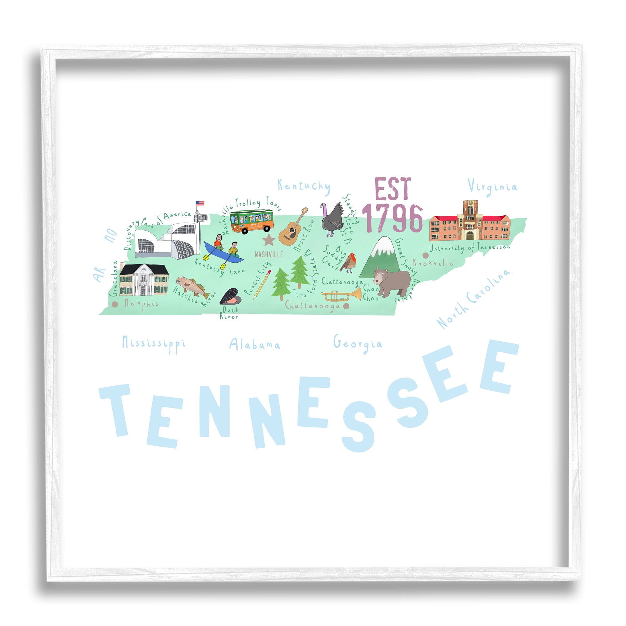Stupell Industries Tennessee Visual State Map Travel & Places Painting White Framed Art Print Wall Art