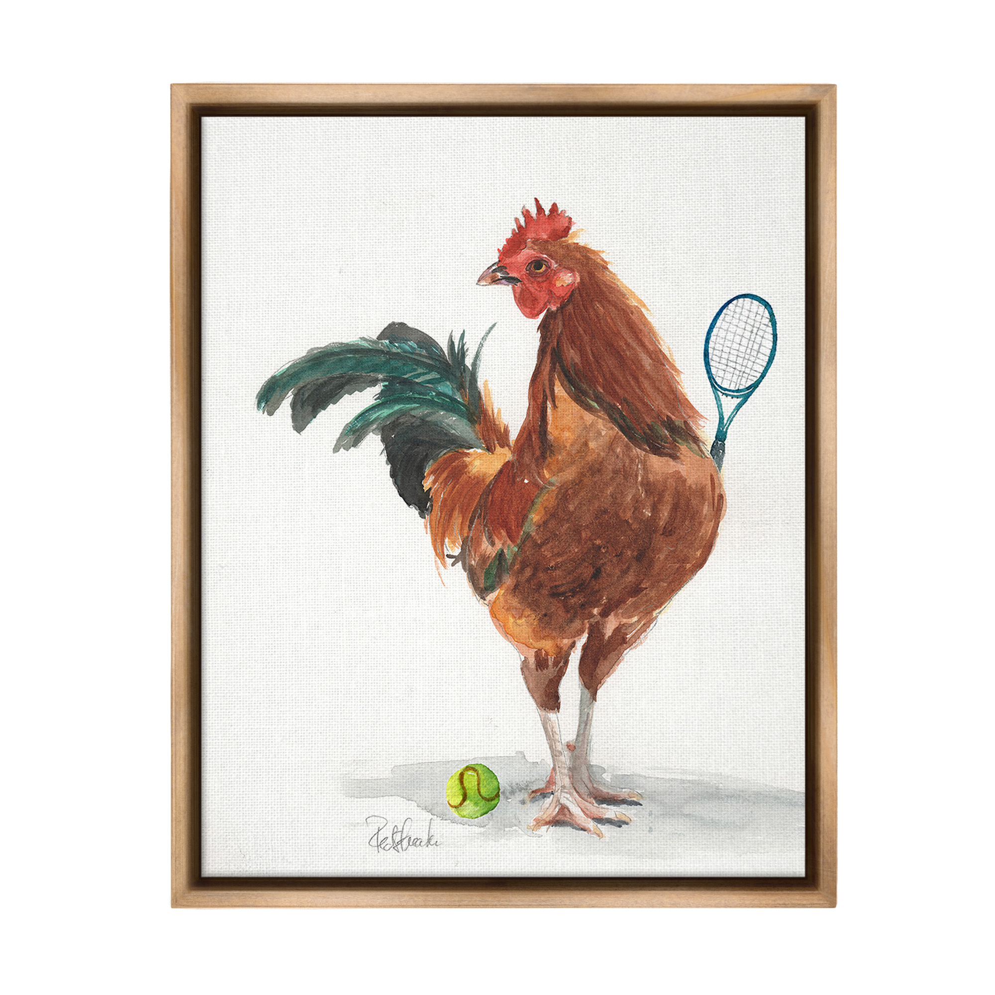 Stupell Industries Tennis Player Rooster Animals & Insects Painting Brown Floater Framed Canvas Art Print Wall Art, 17 x 21
