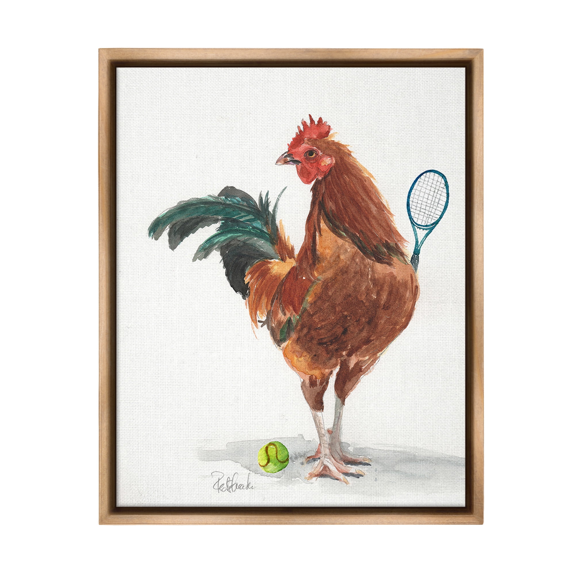 Stupell Industries Tennis Player Rooster Animals & Insects Painting Brown Floater Framed Canvas Art Print Wall Art, 25 x 31