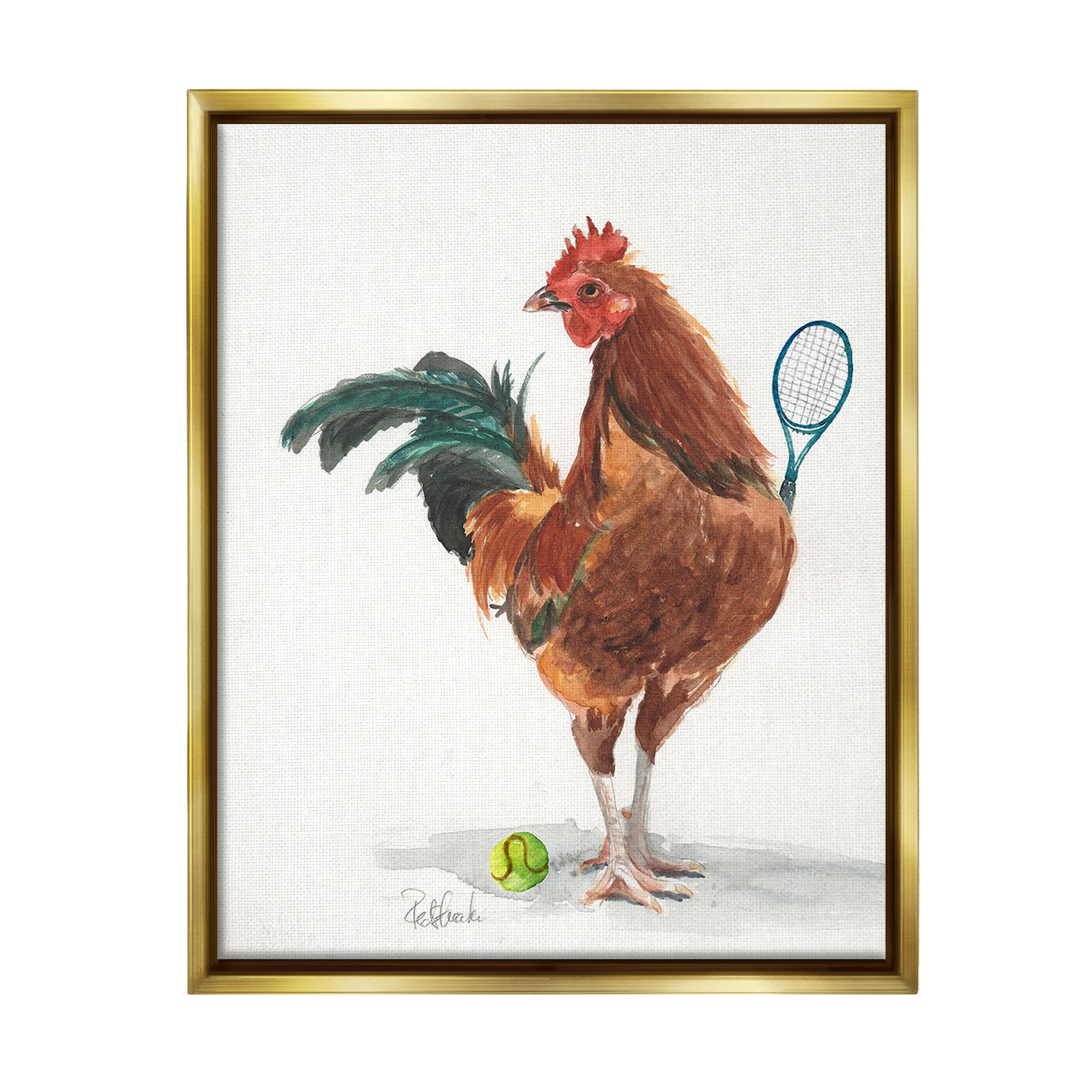Stupell Industries Tennis Player Rooster Animals & Insects Painting Gold Floater Framed Canvas Art Print Wall Art, 17 x 21