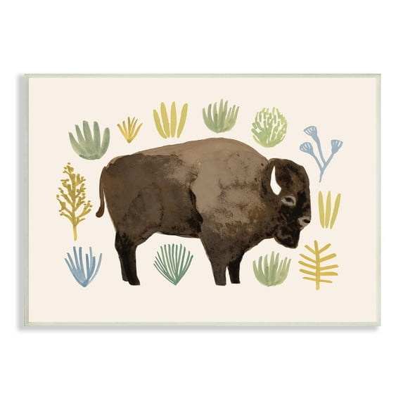 Stupell Industries Terracotta Green Yellow Plants Brown Horned Buffalo, 13 x 19, Designed by Victoria Barnes