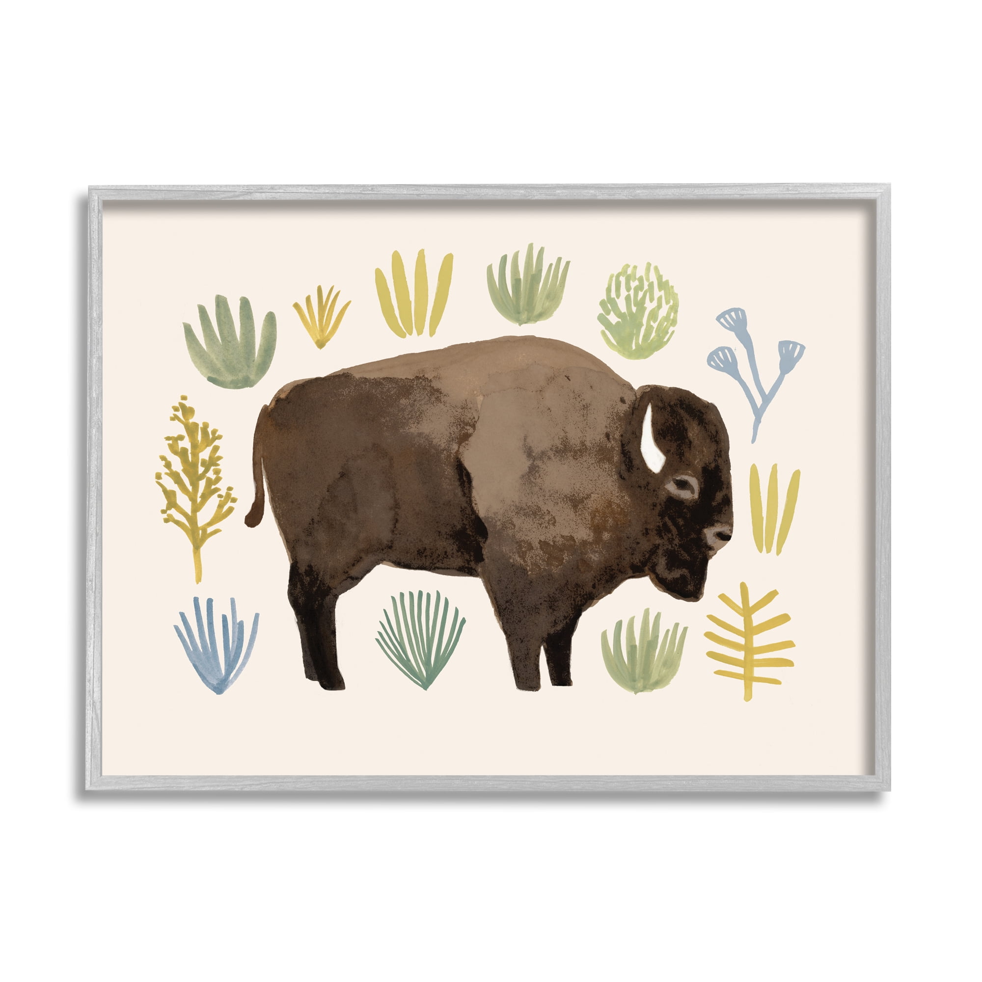 Stupell Industries Terracotta Green Yellow Plants Brown Horned Buffalo, 16 x 20, Designed by Victoria Barnes