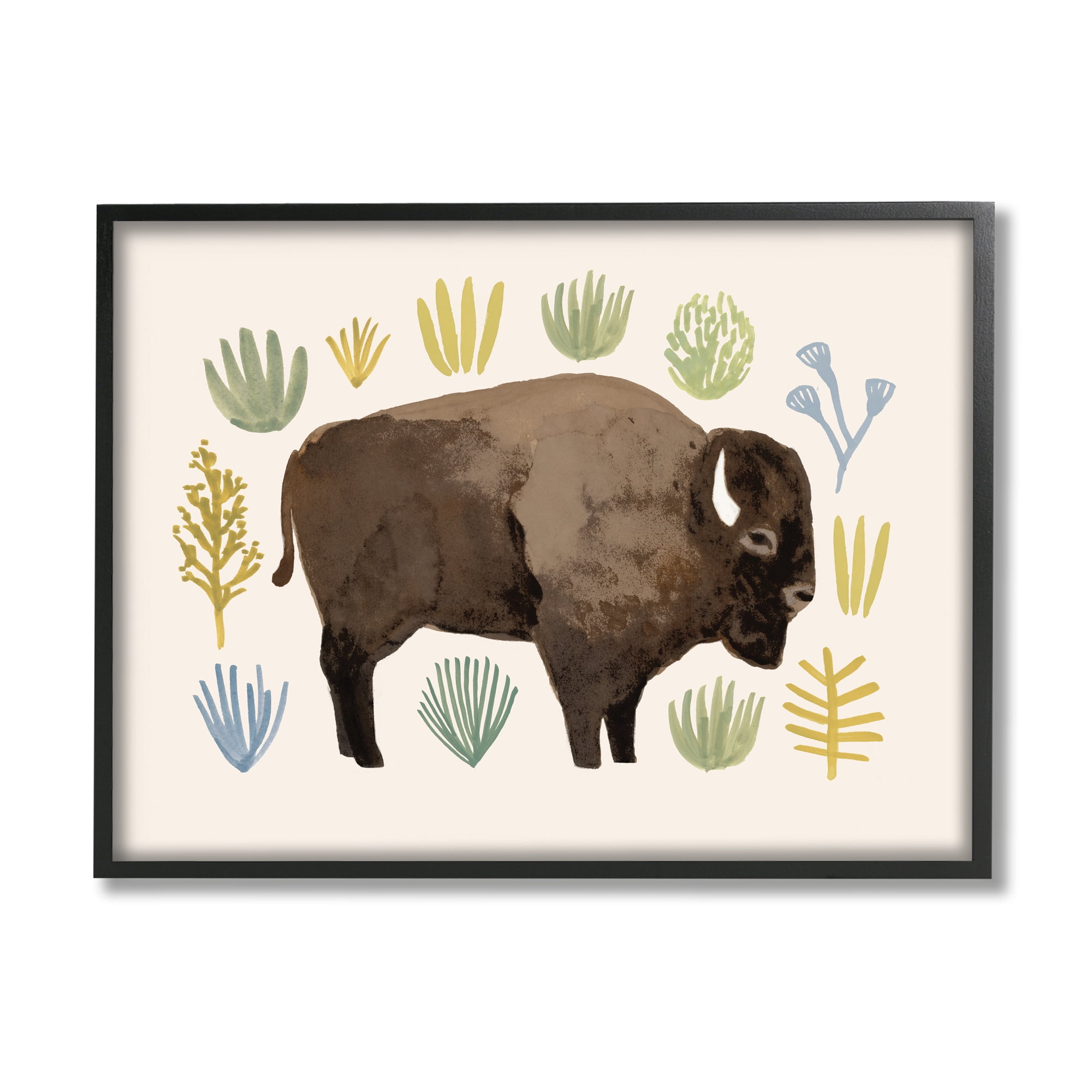 Stupell Industries Terracotta Green Yellow Plants Brown Horned Buffalo Graphic Art Black Framed Art Print Wall Art, 24x30, by Victoria Barnes