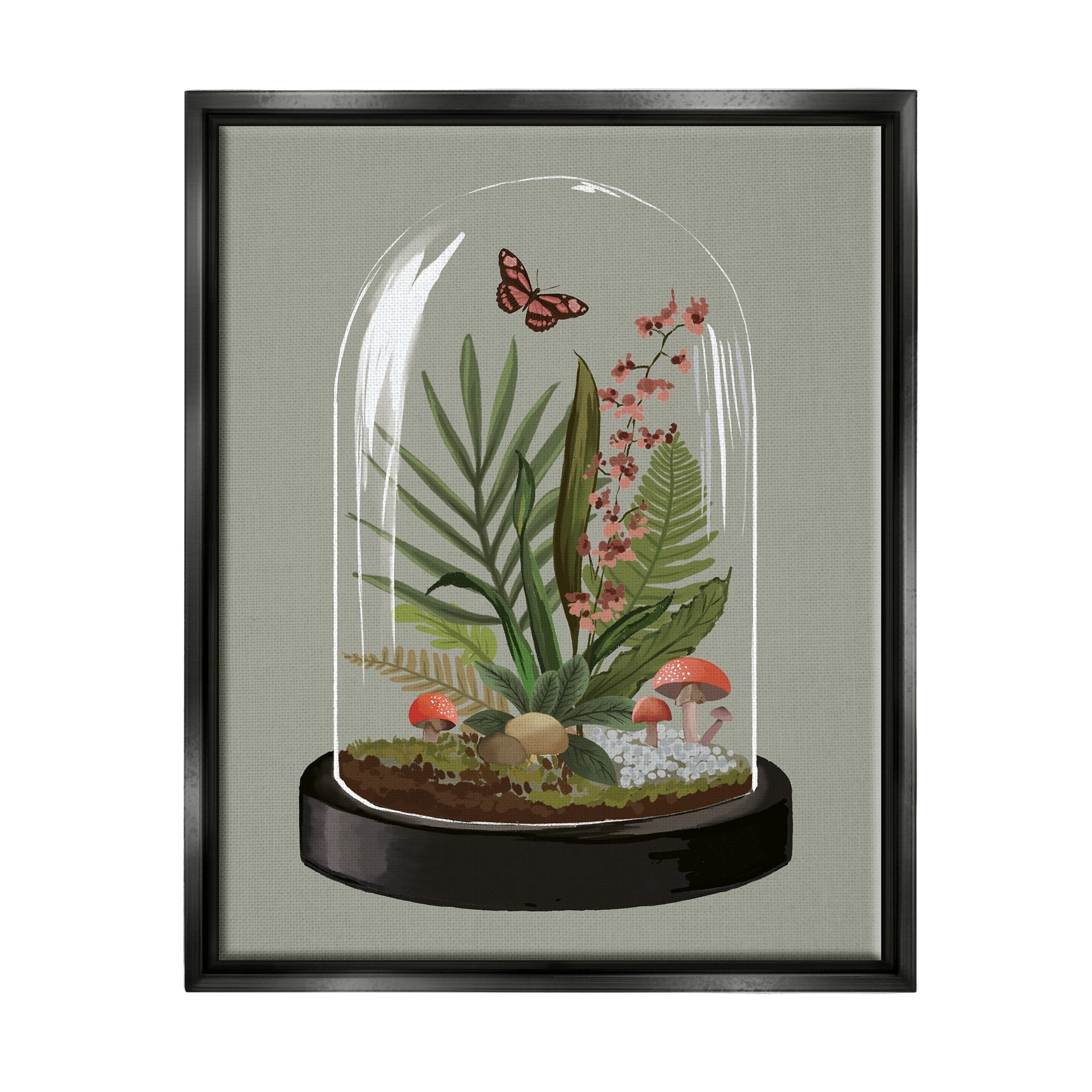 Stupell Industries Terrarium Dome Wildlife Nature Blooming Butterfly Botanicals Graphic Art Jet Black Floating Framed Canvas Print Wall Art, Design by House of Rose
