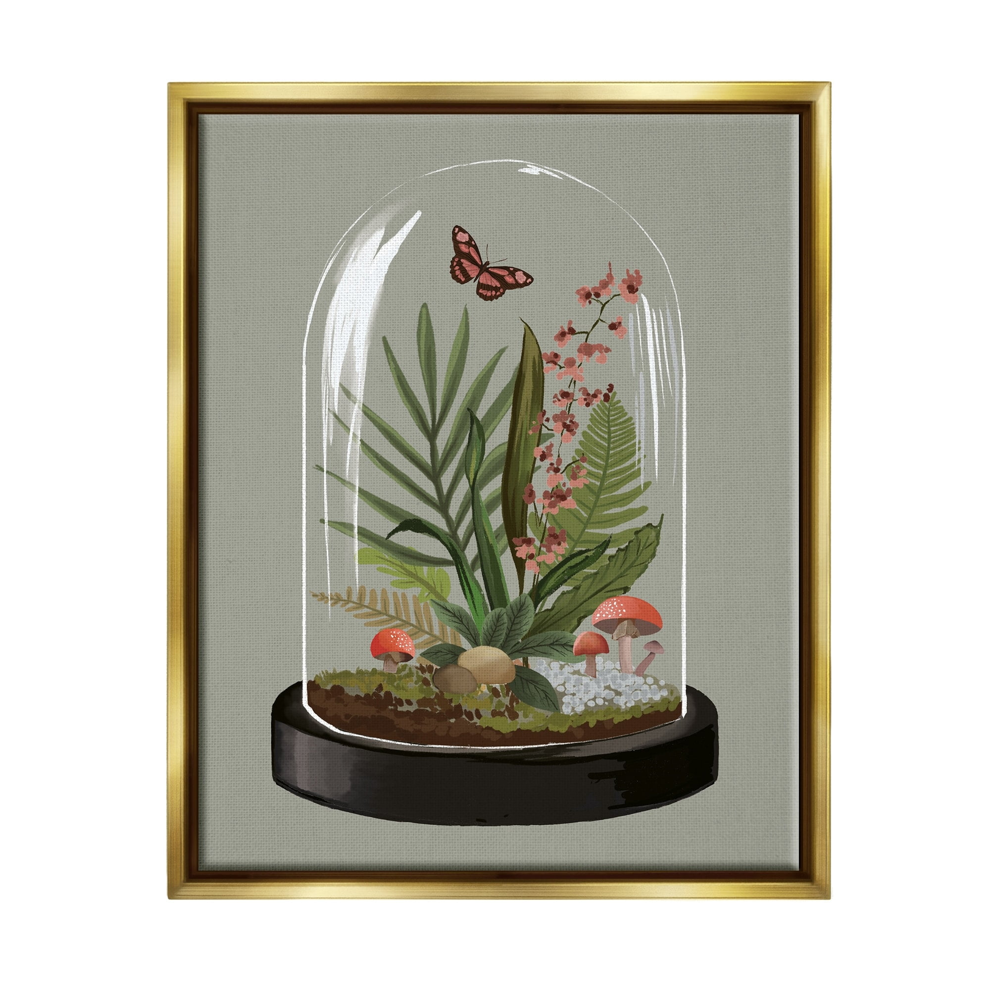 Stupell Industries Terrarium Dome Wildlife Nature Blooming Butterfly Botanicals Graphic Art Metallic Gold Floating Framed Canvas Print Wall Art, Design by House of Rose