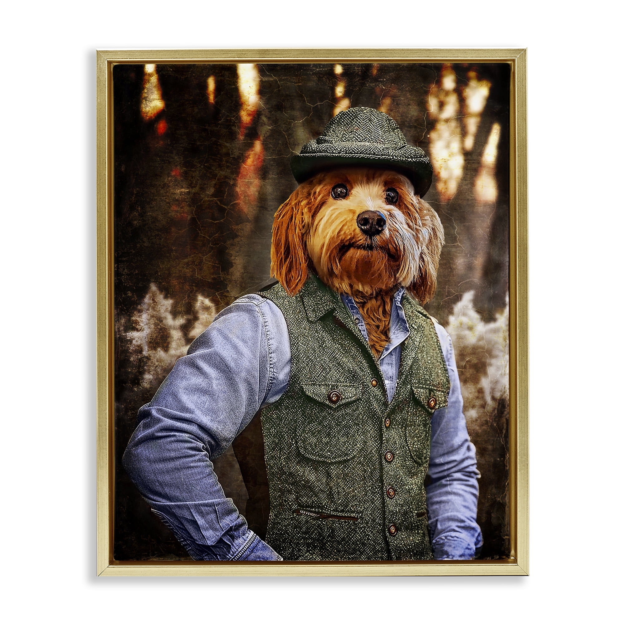 Stupell Industries Terrier Dog Classic Clothing Animals & Insects Painting Gold Floater Framed Canvas Art Print Wall Art, 17 x 21