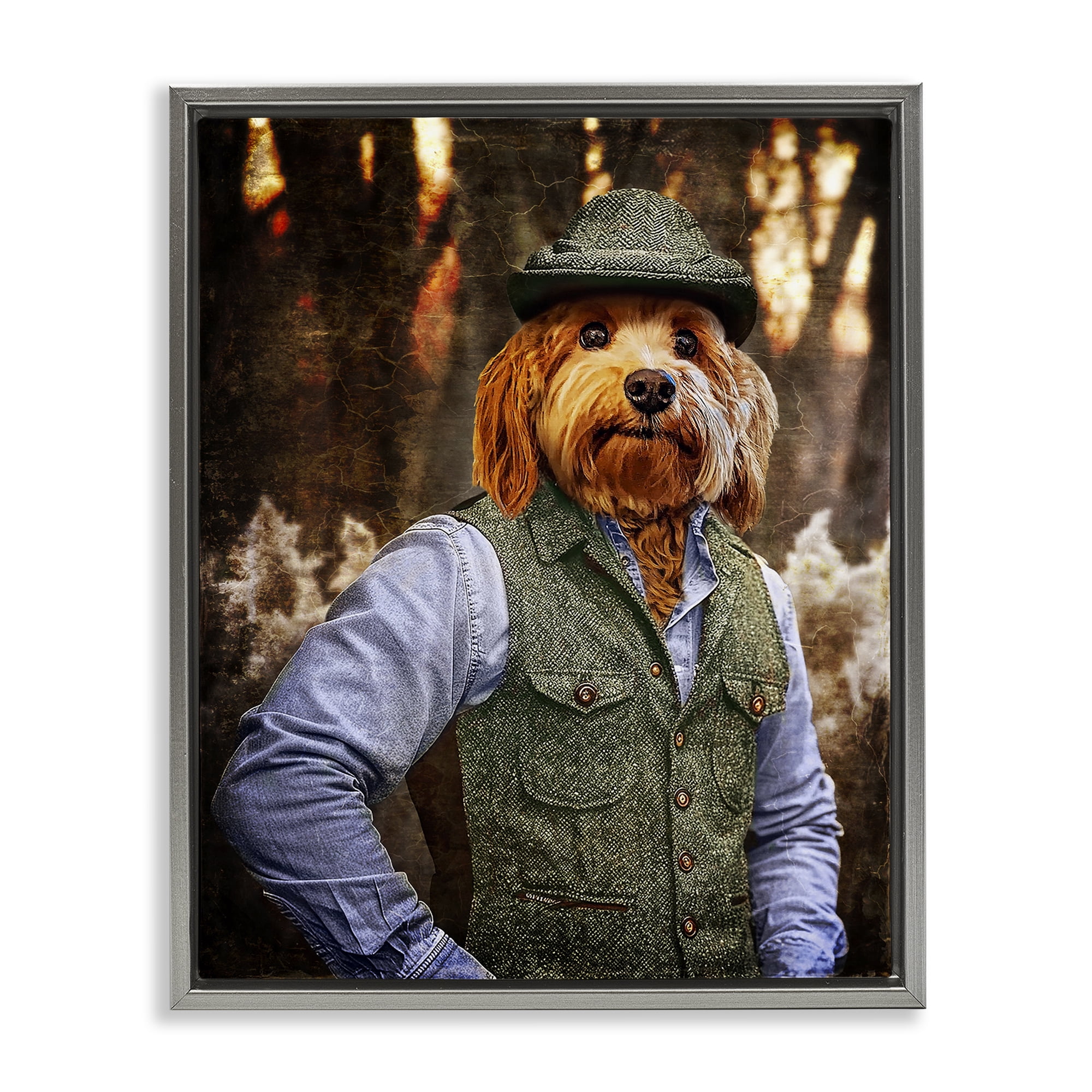 Stupell Industries Terrier Dog Classic Clothing Animals & Insects Painting Gray Floater Framed Canvas Art Print Wall Art, 25 x 31