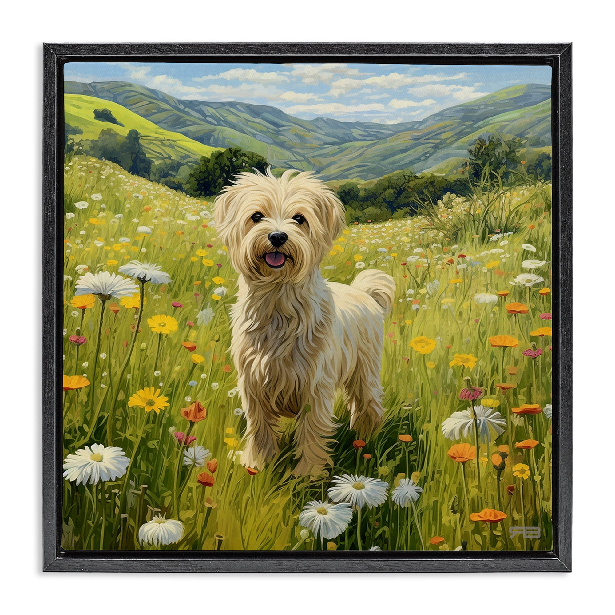 Stupell Industries Terrier Dog Rural Meadow Landscape Painting Black Floater Framed Canvas Art Print Wall Art, 25 x 25