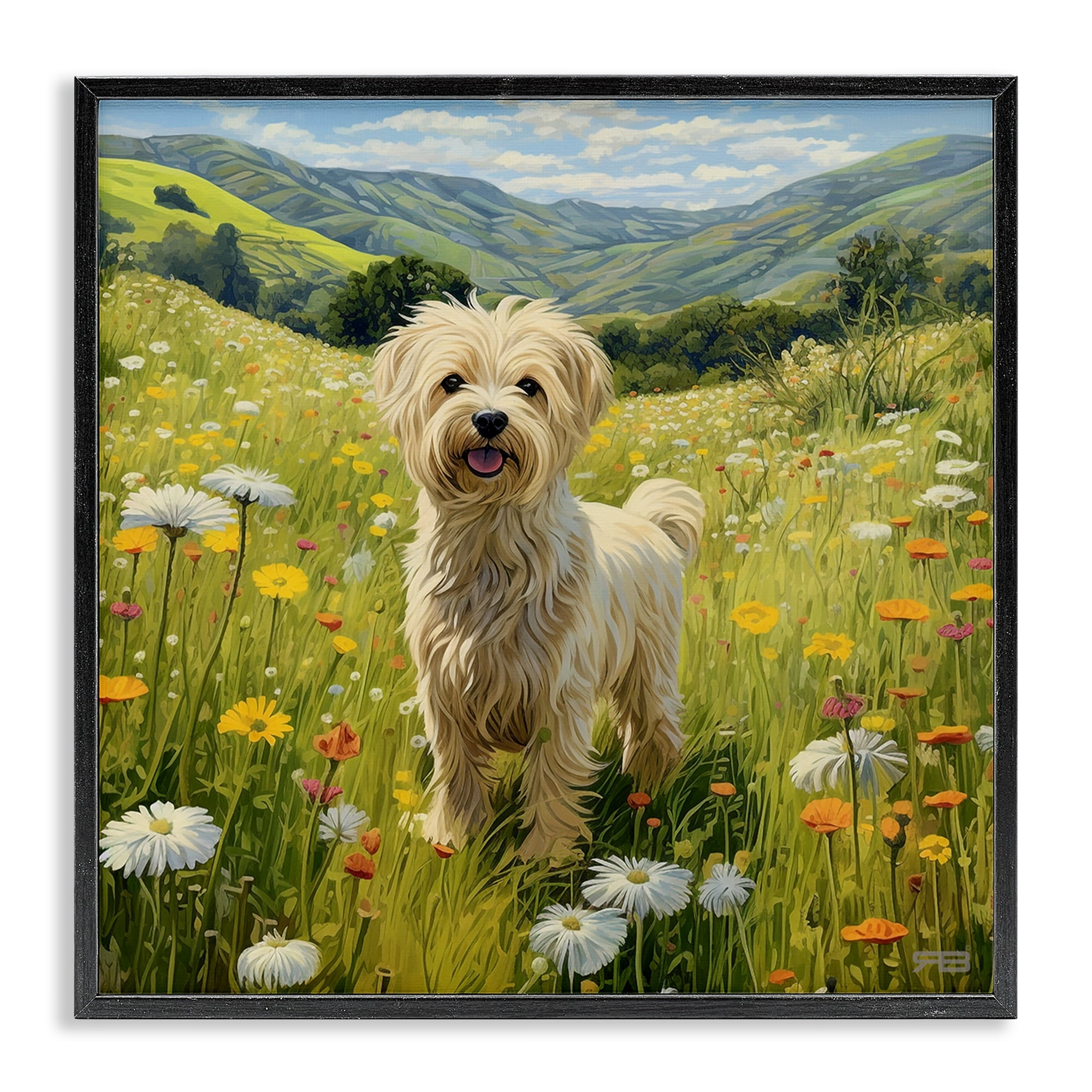 Stupell Industries Terrier Dog Rural Meadow Landscape Painting Black Framed Art Print Wall Art, 17 x 17