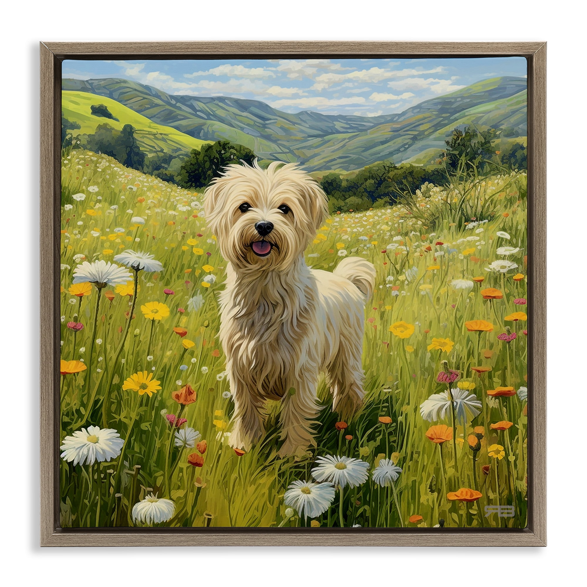 Stupell Industries Terrier Dog Rural Meadow Landscape Painting Brown Floater Framed Canvas Art Print Wall Art, 18 x 18