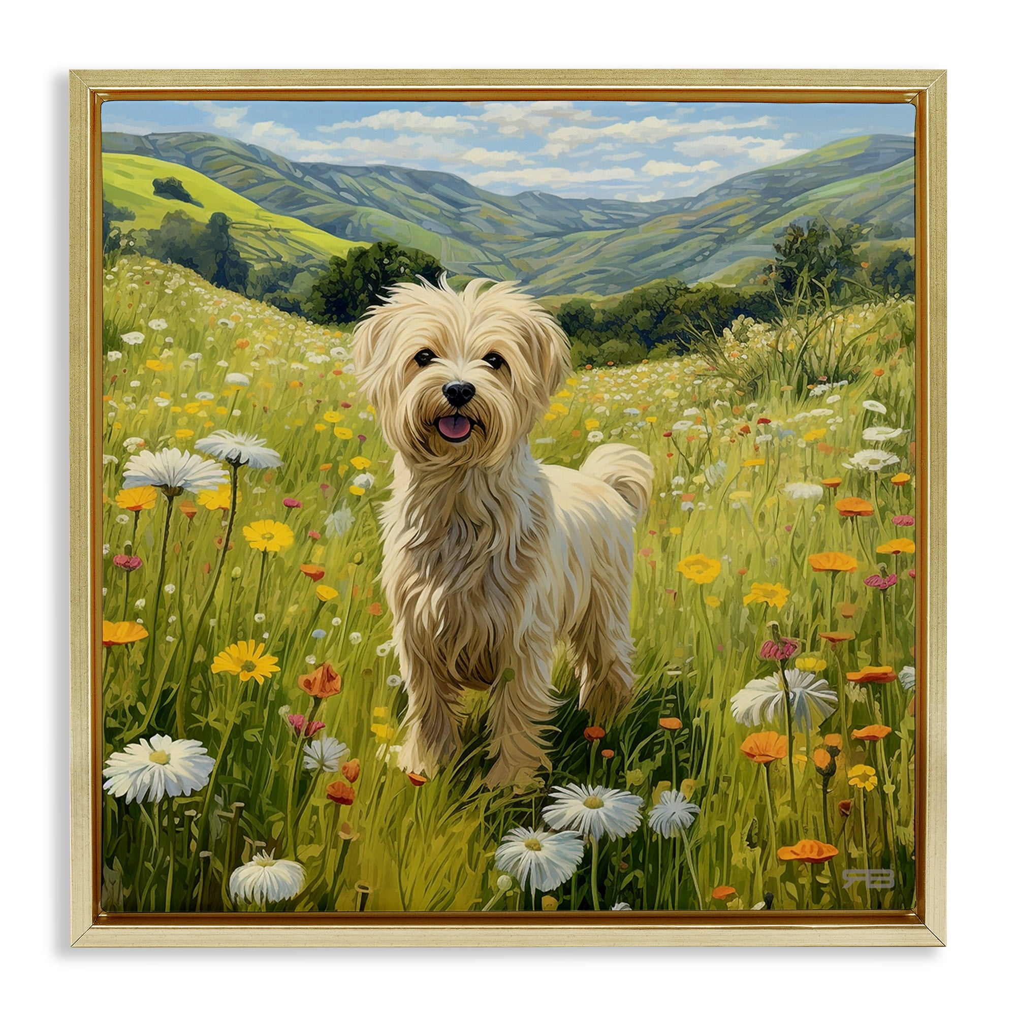 Stupell Industries Terrier Dog Rural Meadow Landscape Painting Gold Floater Framed Canvas Art Print Wall Art, 18 x 18