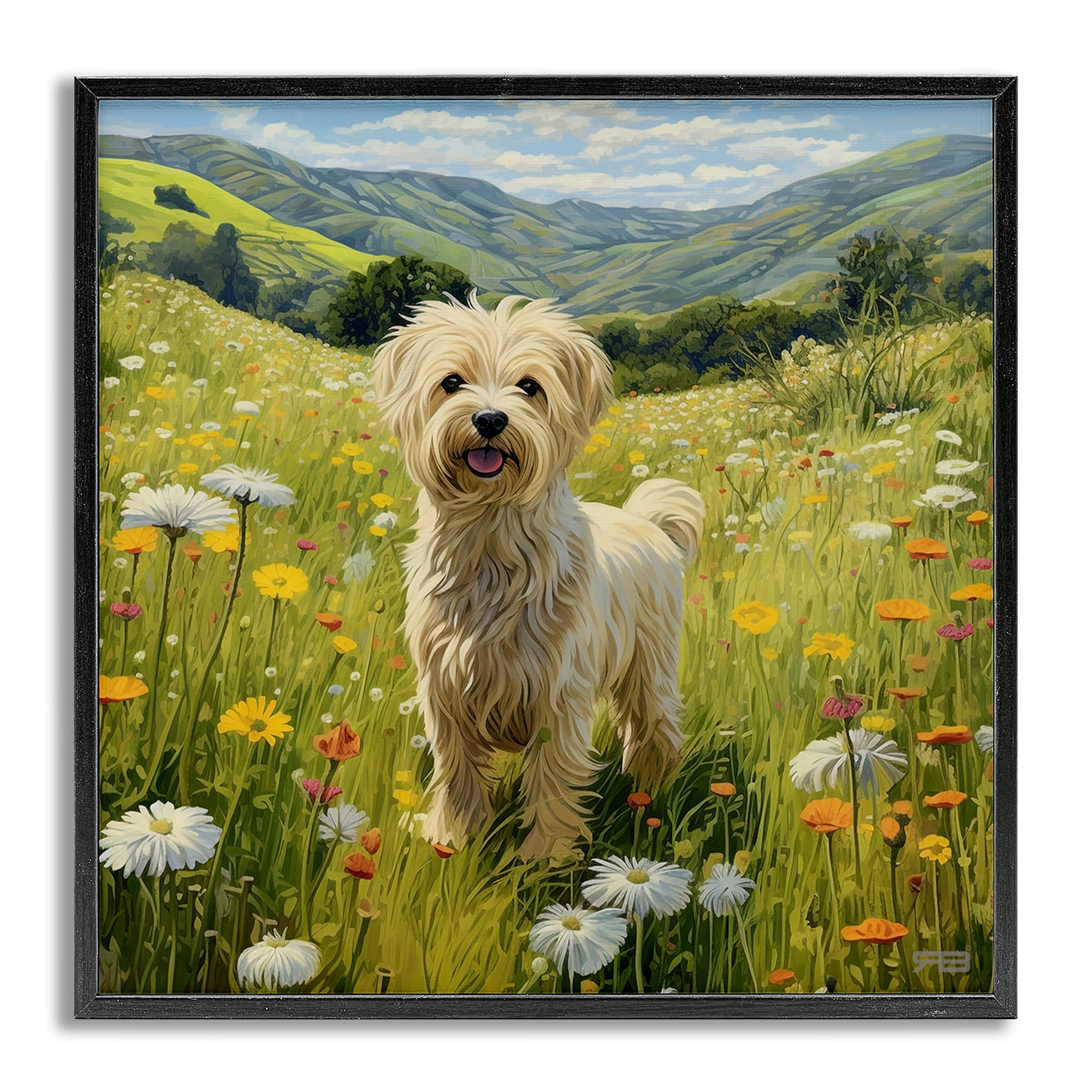 Stupell Industries Terrier Dog Rural Meadow Landscape Painting Gray Framed Art Print Wall Art, 12 x 12