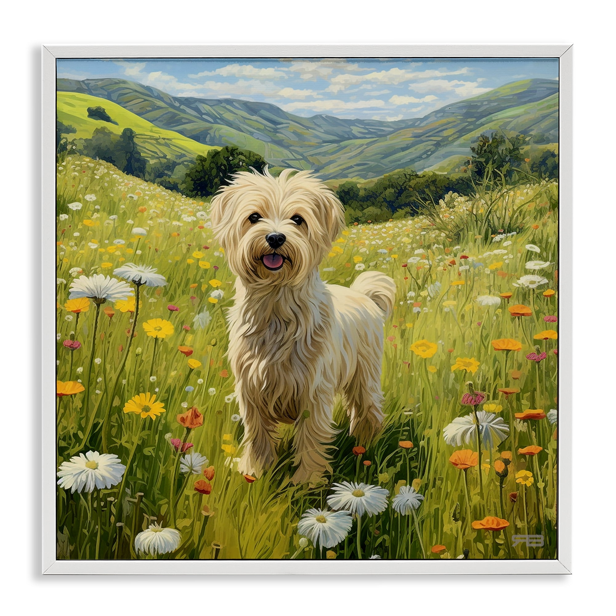 Stupell Industries Terrier Dog Rural Meadow Landscape Painting White Framed Art Print Wall Art, 17 x 17