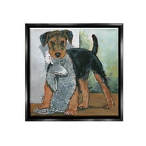 Stupell Industries Terrier Dog with Toy Animals & Insects Painting Black Floater Framed Canvas Art Print Wall Art, 18 x 18