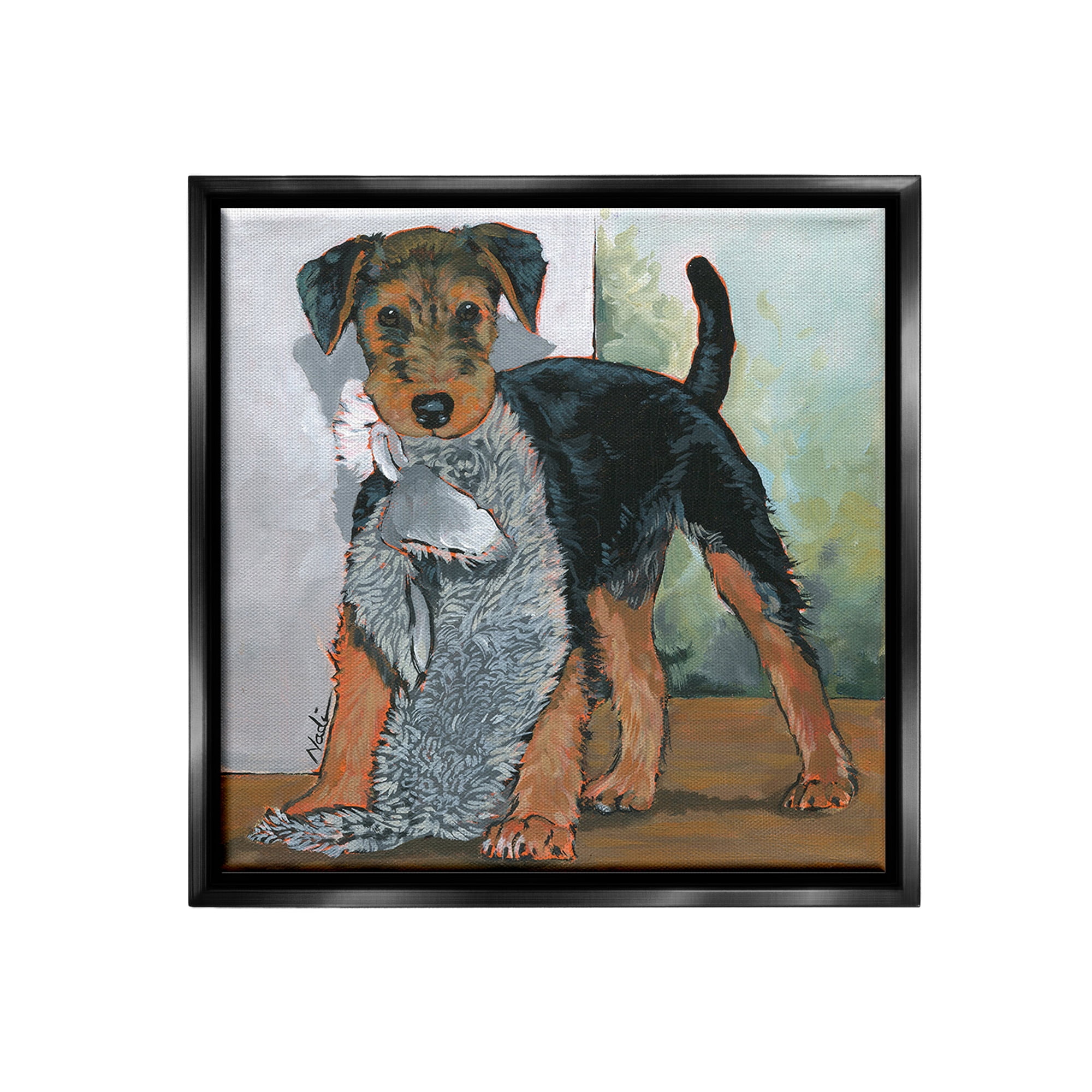 Stupell Industries Terrier Dog with Toy Animals & Insects Painting Black Floater Framed Canvas Art Print Wall Art, 25 x 25