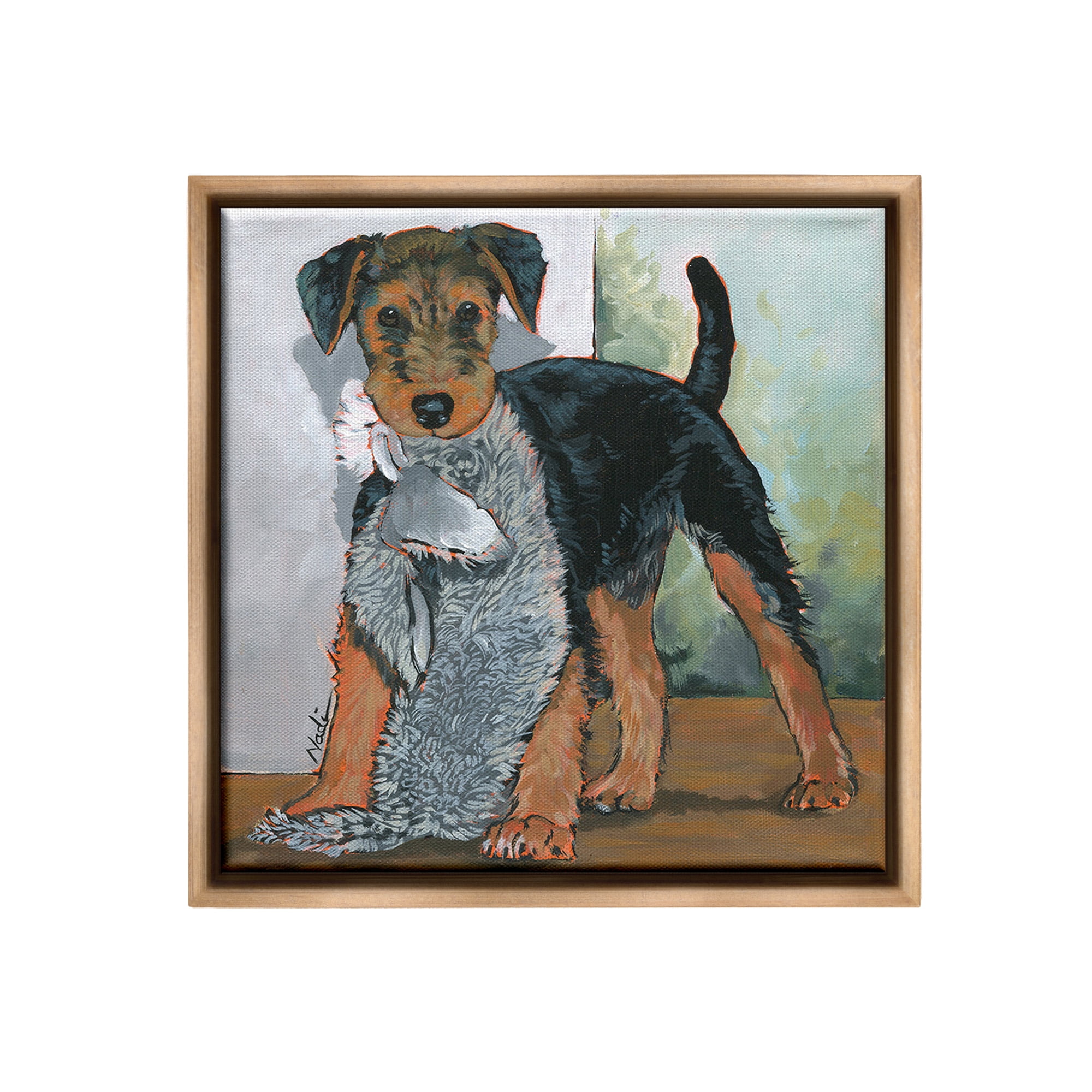 Stupell Industries Terrier Dog with Toy Animals & Insects Painting Brown Floater Framed Canvas Art Print Wall Art, 18 x 18