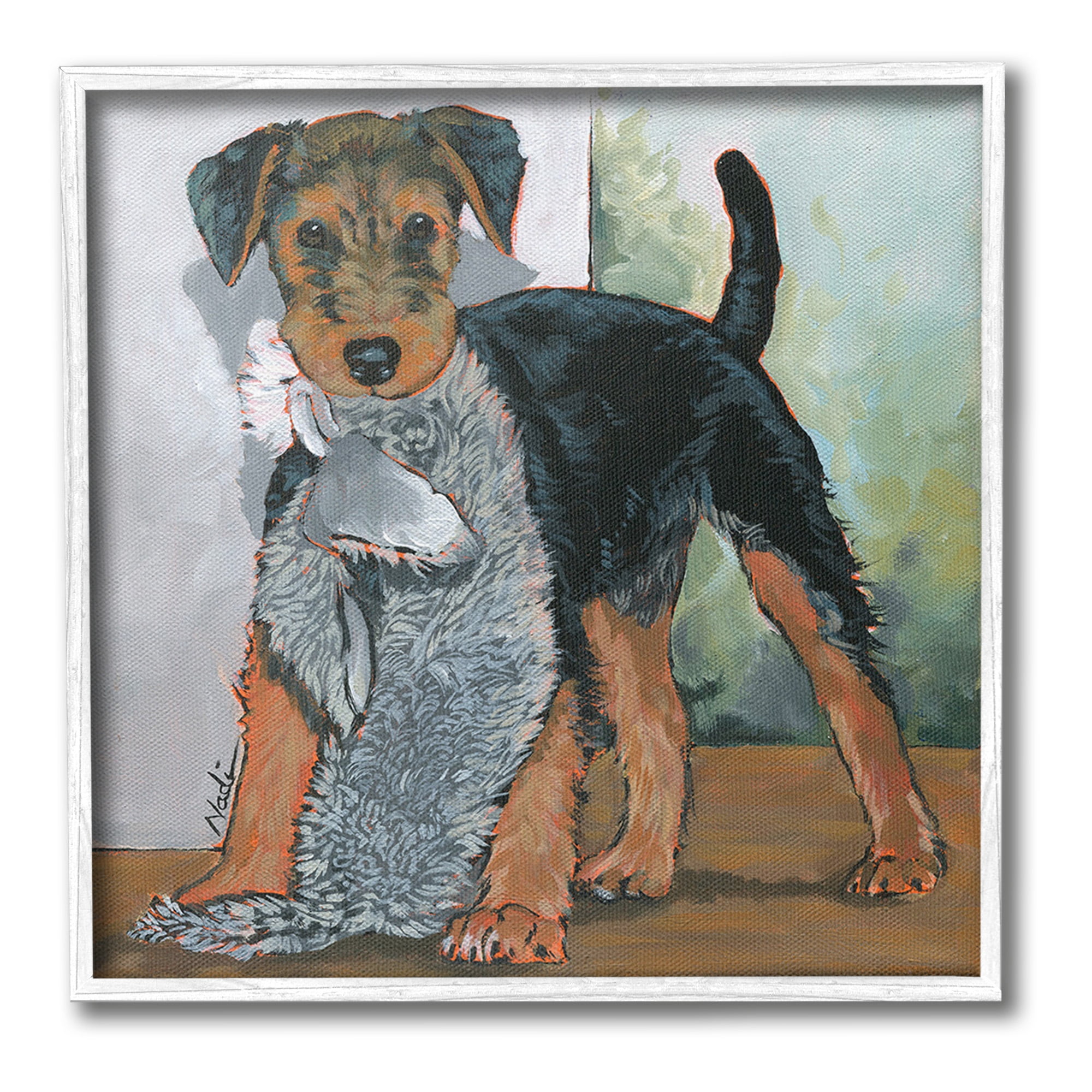 Stupell Industries Terrier Dog with Toy Animals & Insects Painting White Framed Art Print Wall Art, 24 x 24