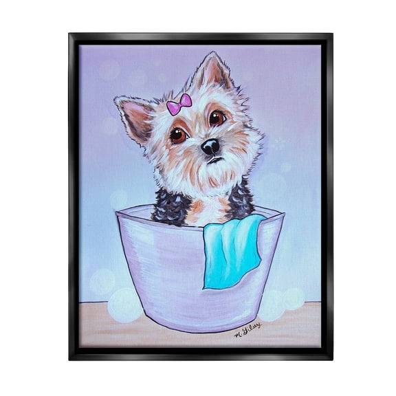 Stupell Industries Terrier with Soap Bubbles Animals & Insects Painting Black Floater Framed Canvas Art Print Wall Art, 17 x 21